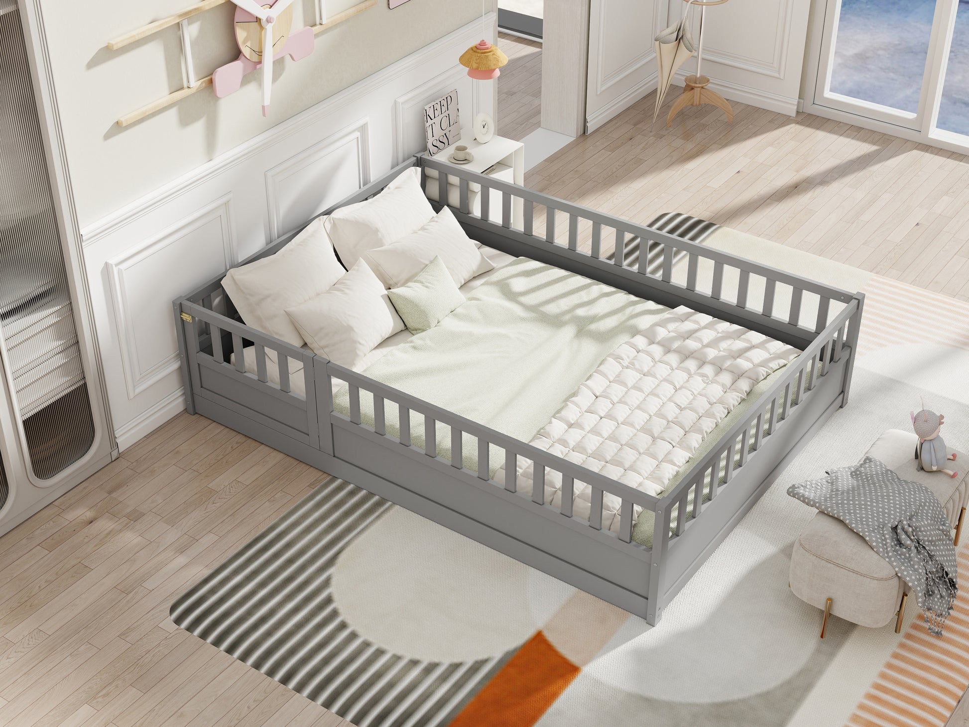 Full Size Floor Bed, Integral Construction With Super High Security Barrier, Door, Children'S Floor Bed Frame, Montessori Wooden Children'S Floor Bed, Support Slat Grey Box Spring Required Full Grey