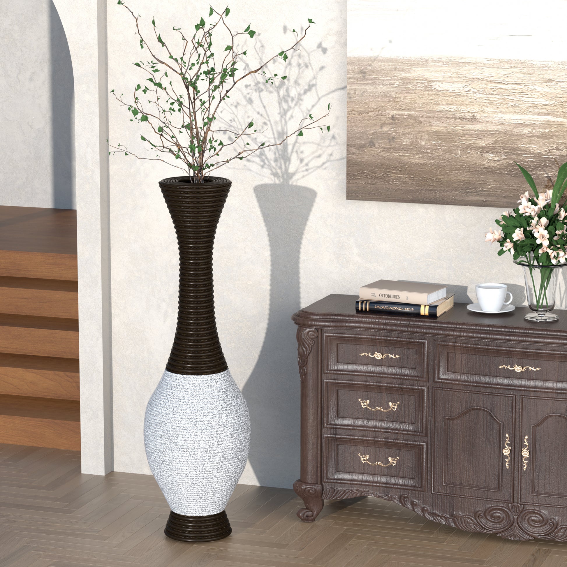 39 Inch Tall Standing Designer Floor Vase Durable Artificial Rattan Elegant Two Tone Dark Brown Finish Ideal Decor Accent For Living Room, Bedroom, Entryway Stylish Home Decor Statement Piece White Black American Design,American Traditional,Antique Pvc