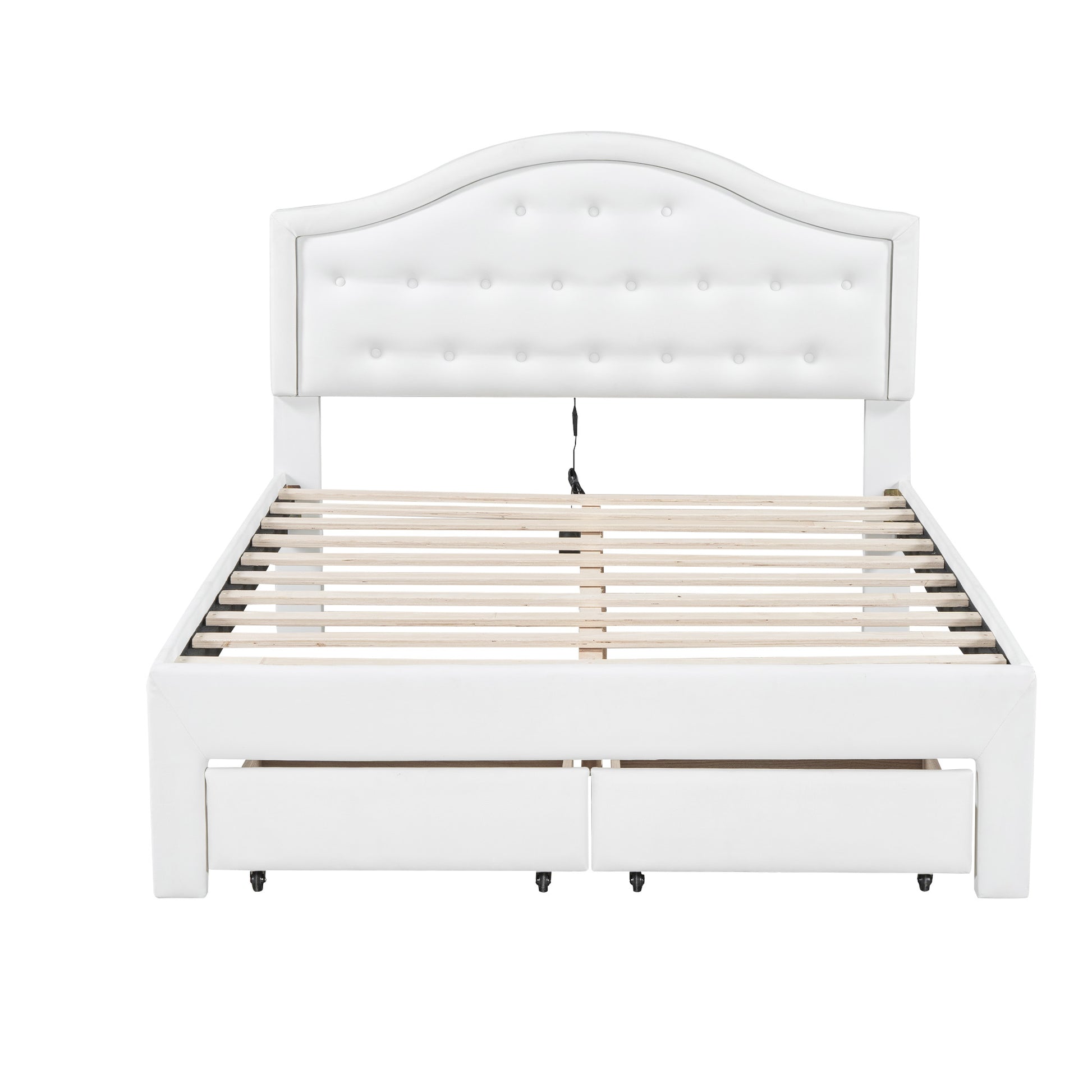 Full Size Upholstered Platform Bed With Tufted Headboard, Led And 2 Drawers, White Box Spring Not Required Full White Wood Bathroom Bed Frame Faux Leather Upholstered