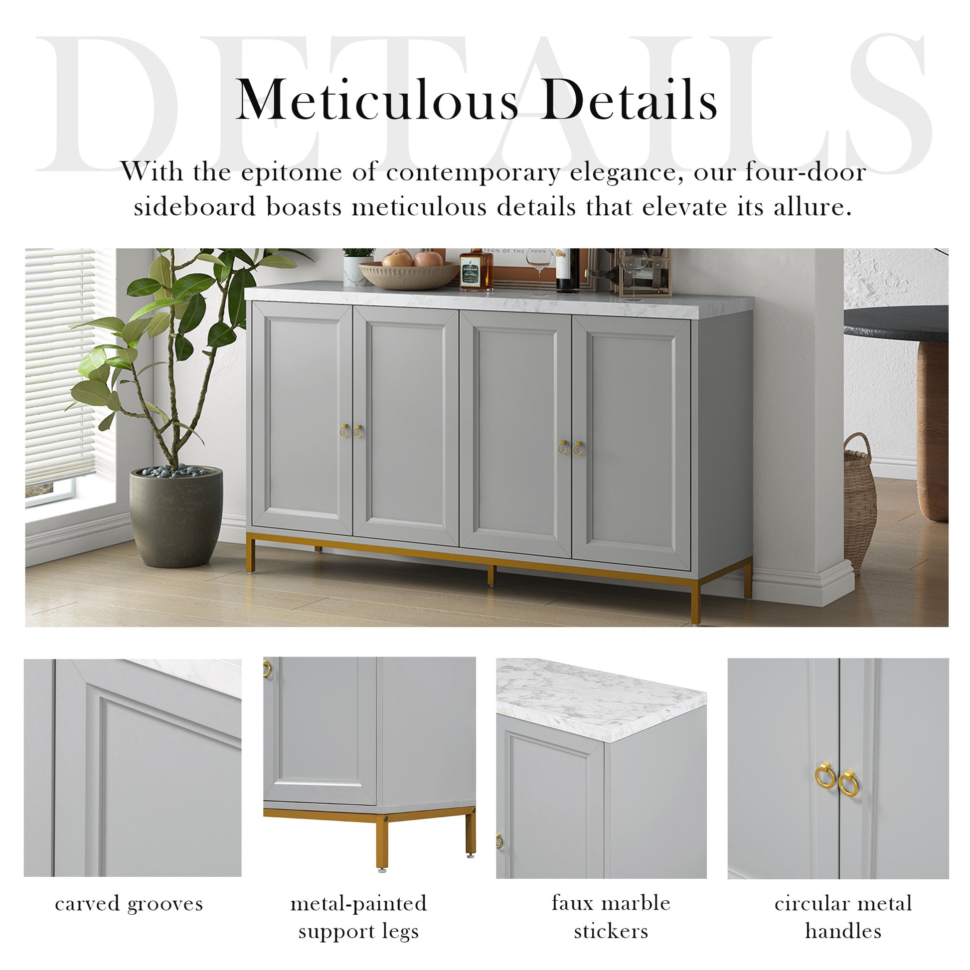 Modern Sideboard With Extra Large Storage Space With Metal Handles And Support Legs For Living Room And Dining Room Light Grey Light Gray Mdf