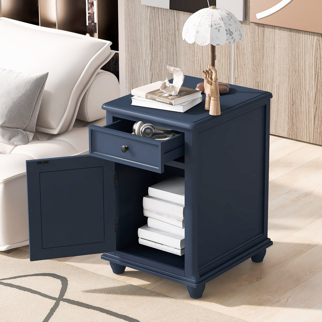 End Table With Solid Wood Legs, Side Table With Usb Ports, 1 Storage Cabinet And 1 Drawer For Living Room, Antique Navy Antique Navy Solid Wood Mdf