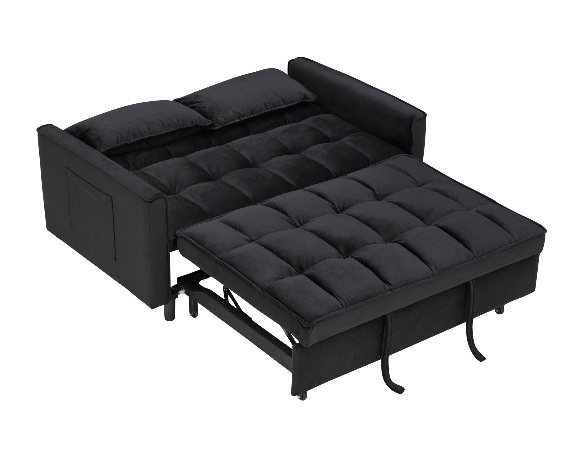 Modern Velvet Sofa, Sofa Pull Out Bed, Smallseat Casual Sofa With Back, With Pillow, Pockets, Living Room Furniture, 3 In 1 Convertible Sleep Sofa Bed. Black Velvet 3 Seat