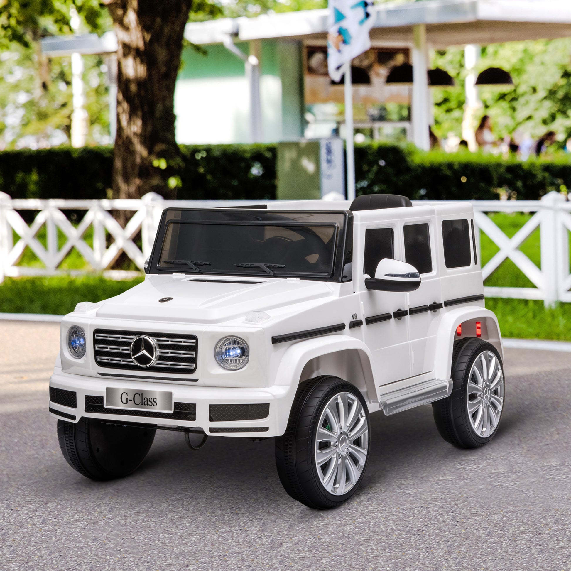 Aosom 12V Kids Electric Car, Mercedes Benz G500 Licensed Battery Powered Ride On Truck For Kids With Remote Control, Headlights, Music, Suspension & Storage For Boys And Girls, White White Plastic