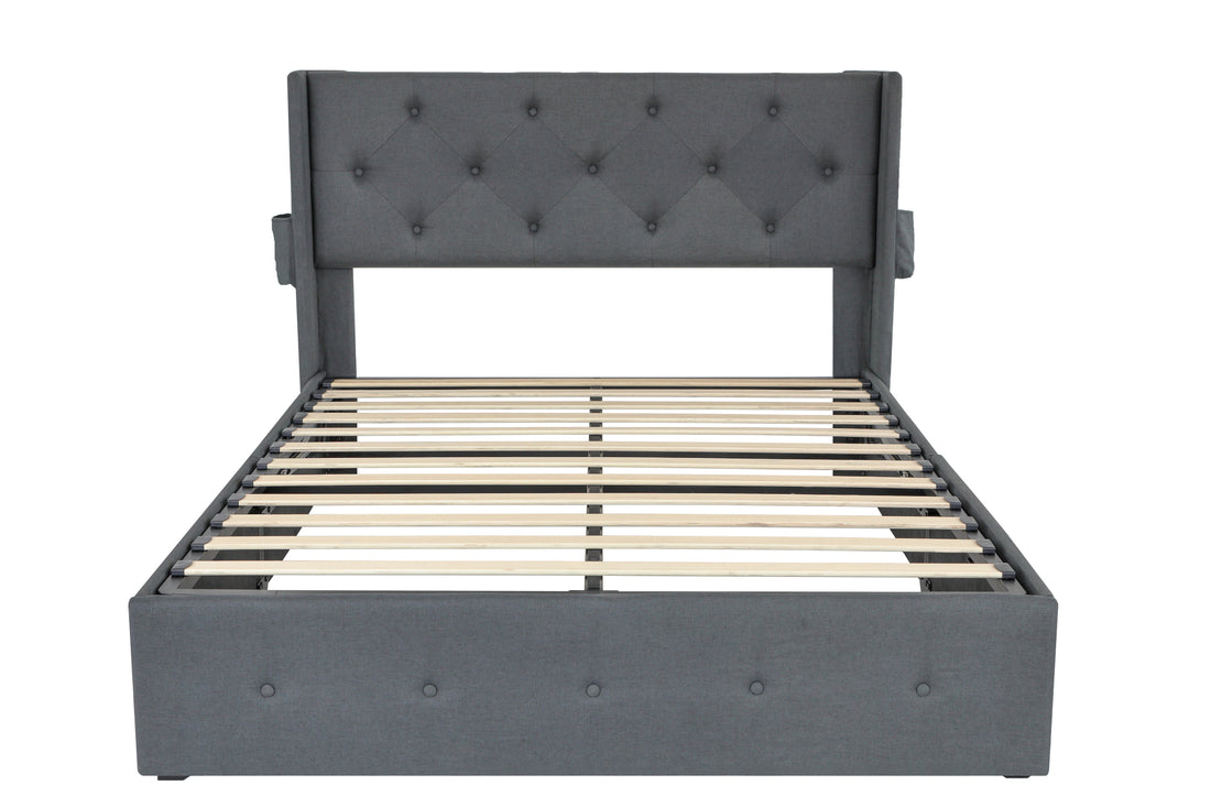 Queen Size Bed Frame With Storage Lift Up Storage Bed With Modern Wingback Headboard, Usb Ports Box Spring Not Required Queen Dark Gray Metal Bedroom Contemporary Bed Frame Foam Linen Upholstered
