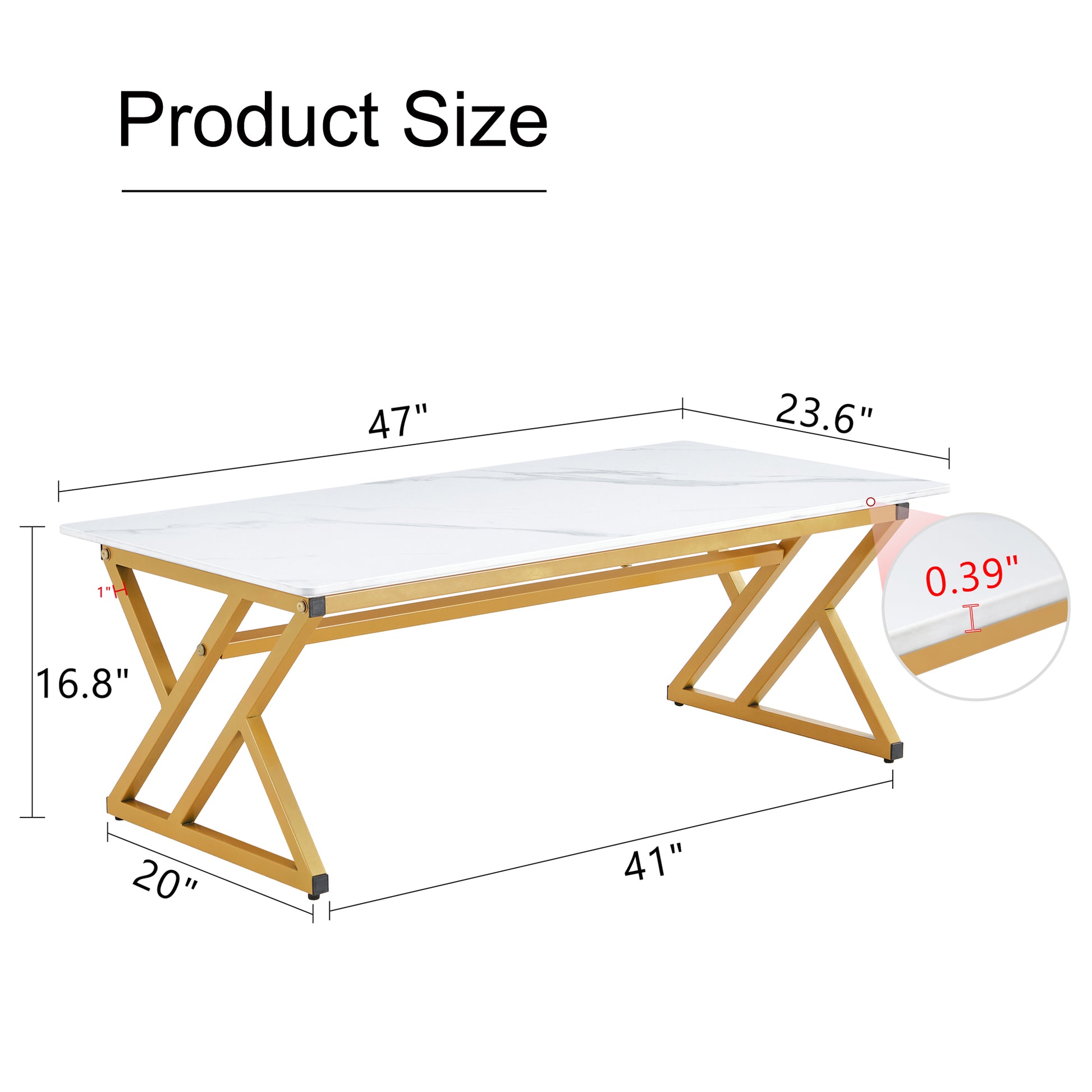 0.4Inch Thick White Marble Patterned Rock Table, Easy To Clean, Paired With Golden Metal Legs, Sturdy And Durable. Large Size Can Meet Various Needs.Can Be Used As A Dining Table, Coffee Table.47*23.6 White Sintered Stone