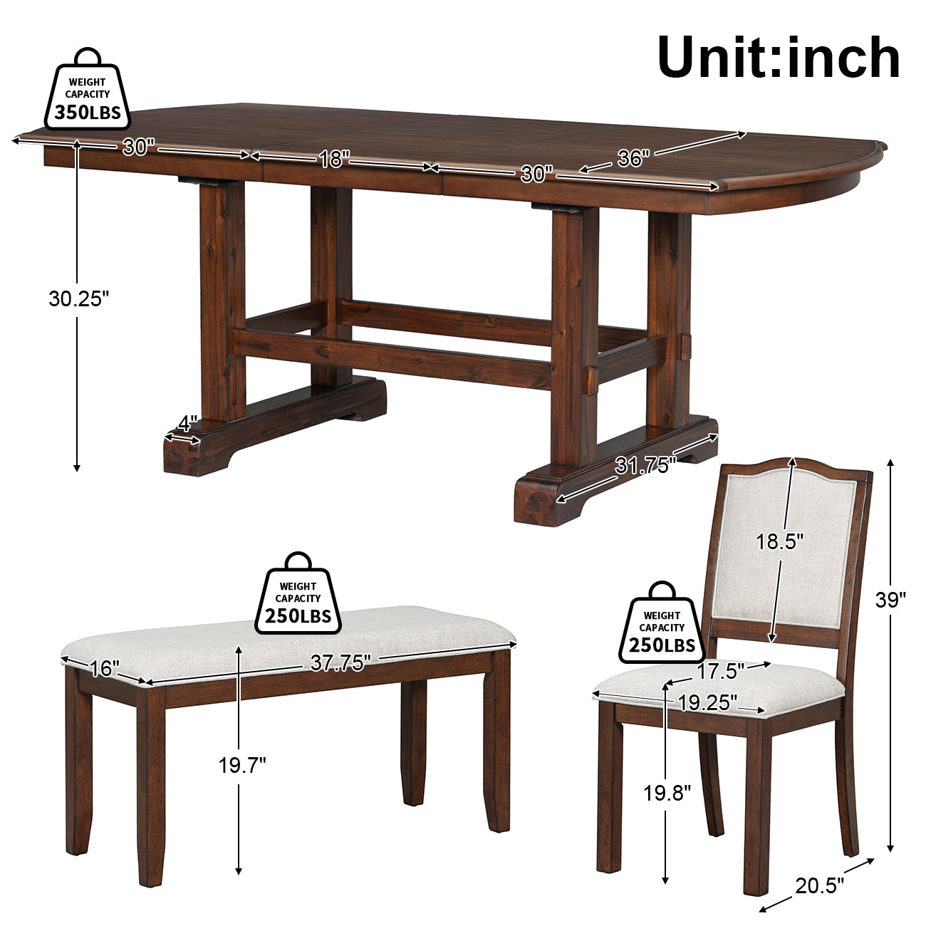 6 Piece Dining Table Set, 60Inch To 78Inch Extendable Wood Dining Table With Removable Leaf, Kitchen Table Set With 4 Upholstered Side Chair And Bench, Dining Table Set For 6 Cherry Wood Dining Room Extendable Rubberwood Rectangular Dining Table With