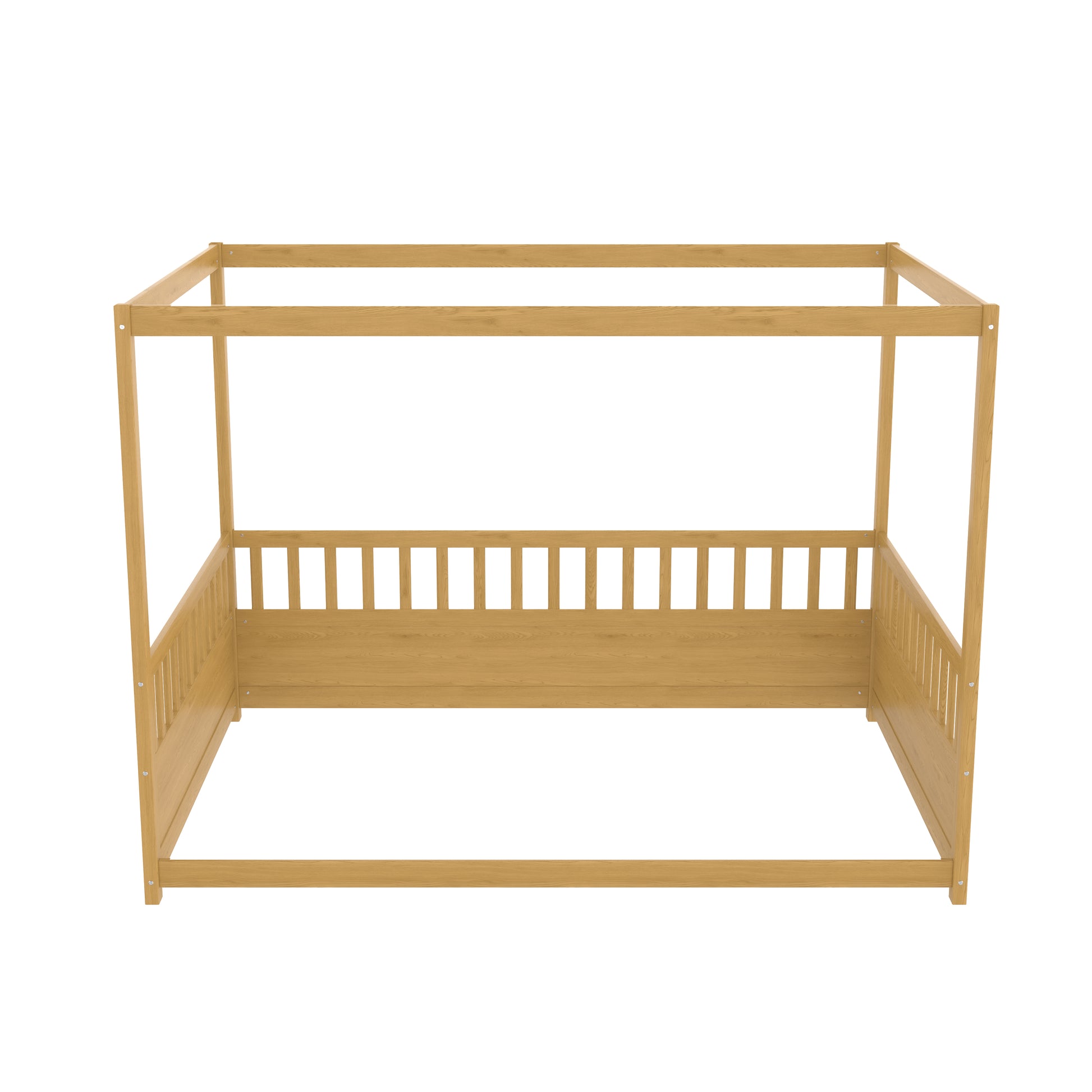Full Size Canopy Bed Frame With Guardrails For Kids,Floor Bed Full With Four Poster Design,Kids Montessori Floor Bed,Wood Canopy Bed Frame For Girls,Boys Full,Natural Box Spring Required Full