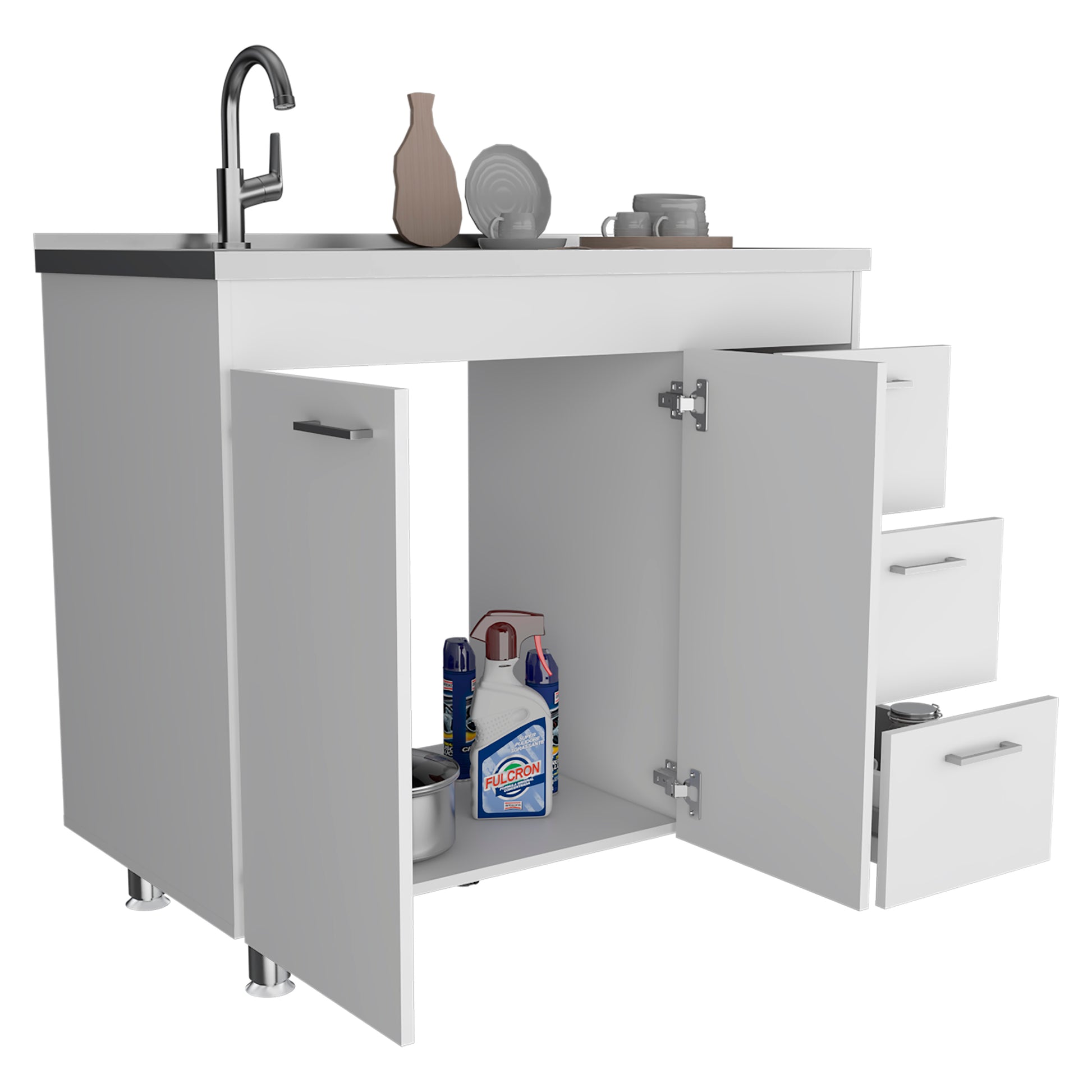 Base Double Door Cabinet, Three Drawers, White White Solid Wood Mdf Engineered Wood