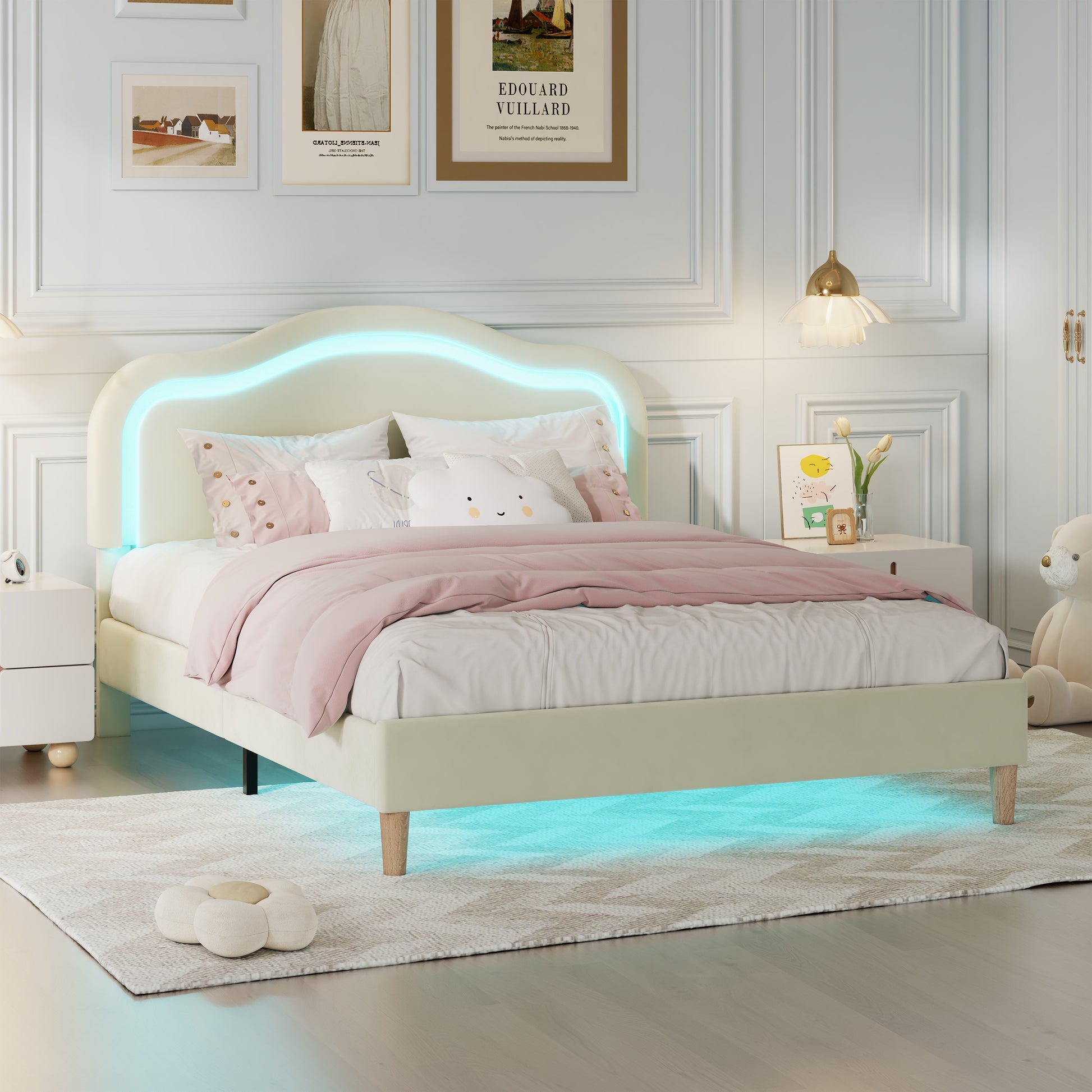 Full Size Velvet Upholstered Smart Led Bed Frame With Adjustable Height Headboard,No Box Spring Needed,Easy Assembly,Beige Box Spring Not Required Full Beige Wood Bedroom Cute,Modern Bed Frame Wood