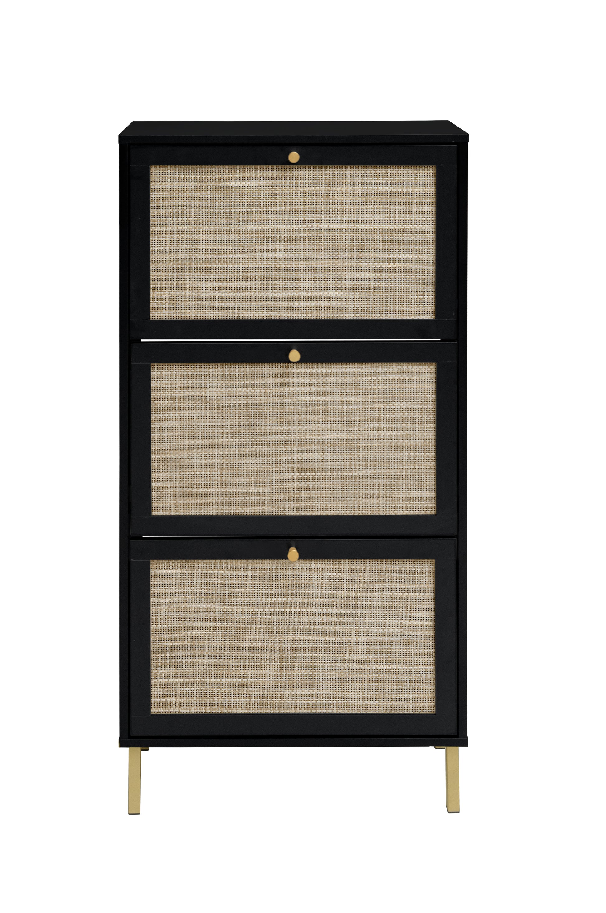 Rattan 3 Door Shoe Rack, Freestanding Modern Shoe Storage Cabinet, For Entryway Black Particle Board