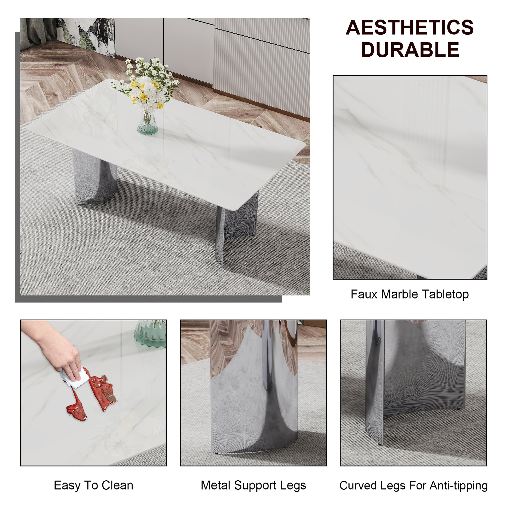 Table And Chair Set, Modern And Minimalist Dining Table. Imitation Marble Glass Sticker Desktop, Stainless Steel Legs, Stable And Beautiful. Comfortable Pu Seats. Dt 69 White Silver Glass