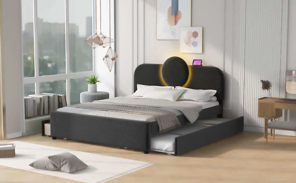 Queen Size Upholstered Platform Bed With Multi Functional Headboard, Trundle And 2 Drawers, Gray Box Spring Not Required Queen Gray Wood Bedroom Upholstered
