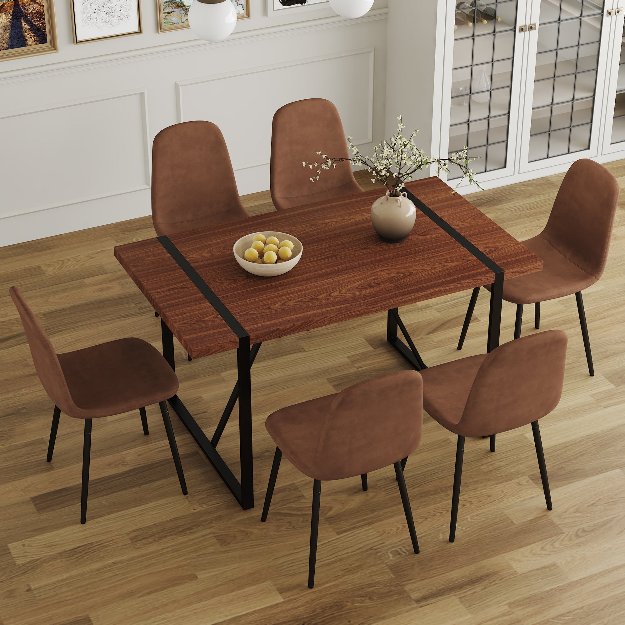 Table And Chair Set. A Minimalist Retro Rectangular Dining Table With A Specially Textured Top And Black Metal Legs, Paired With Soft Chairs And Black Metal Legs, Showcases A Beautiful Home Style. Brown Seats 6 Mdf Metal