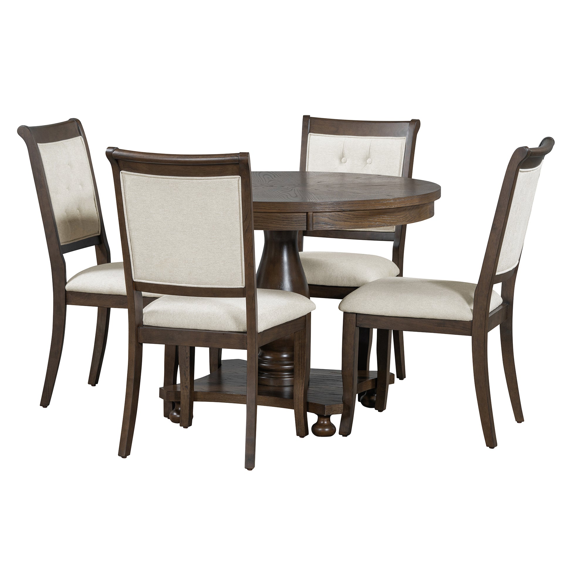 5 Piece Retro Dining Set, Round Table With Pedestal Table Base And 4 Upholstered Chairs For Dining Room And Kitchen Espresso Espresso Solid Wood Mdf