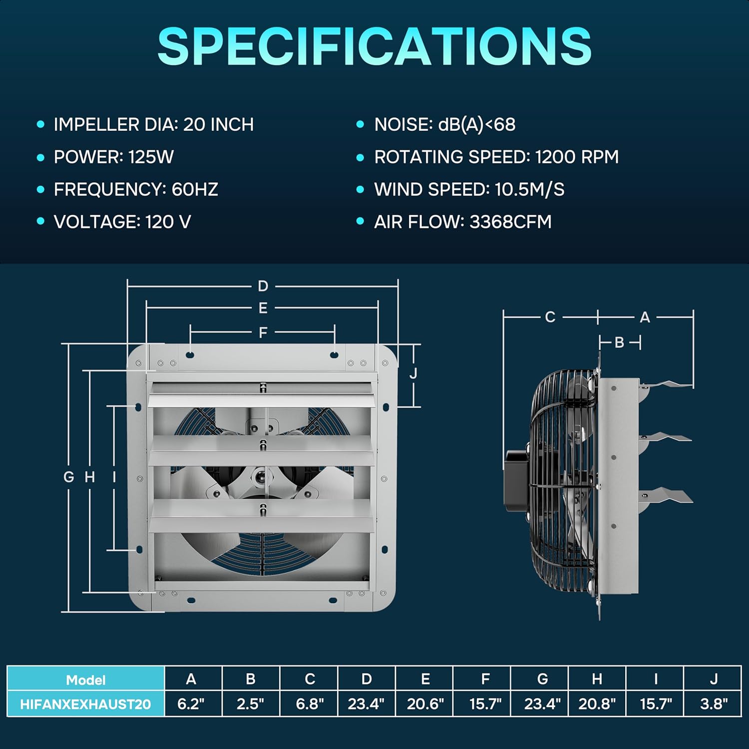 20 Inch Wall Mounted Shutter Exhaust Fan, Aluminum, 1200 Rpm, 3368 Cfm, For Attic, Garage, Louvered Vent, Plant, Greenhouse, Silver Silver Aluminium