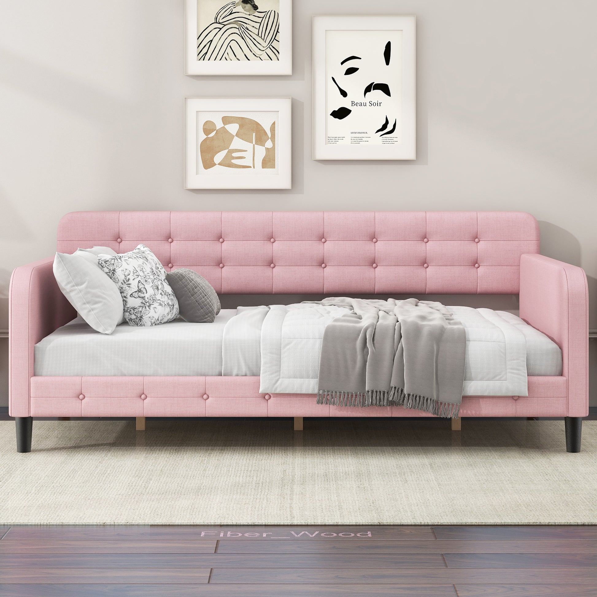 Twin Size Upholstered Tufted Daybed With 4 Support Legs, Pink Box Spring Not Required Twin Pink Wood Bedroom Daybeds Linen Upholstered