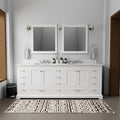 White Double Bath Vanity 84 In. W X 22 In. D, White Quartz Top, And Faucet Set White Plywood Wood