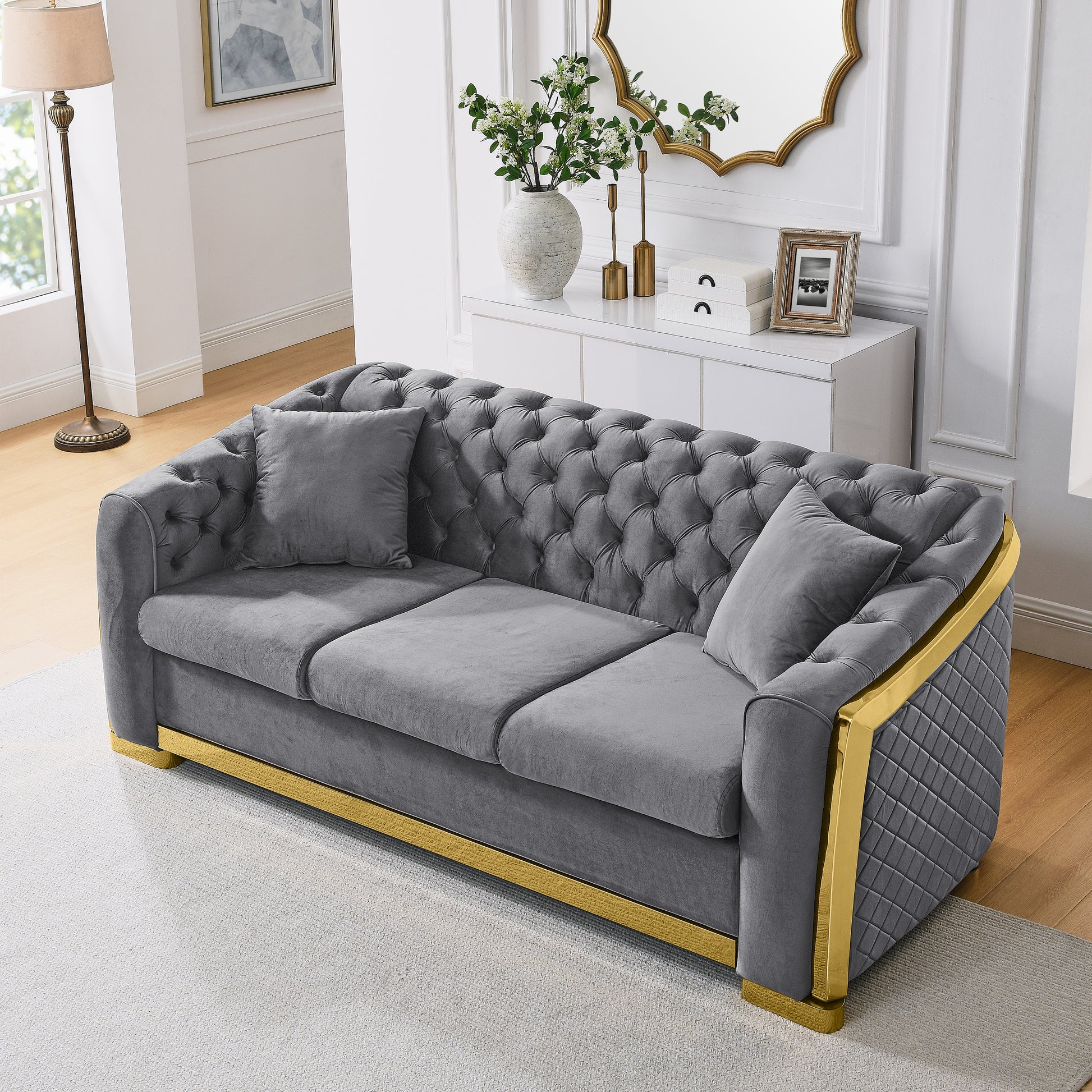 Velvet Luxury Chesterfield Sofa Set, 84 Inches Tufted 3 Seat Couch With Gold Stainless For Living Room, Grey Fabric Grey Velvet Wood Primary Living Space Medium Soft Tufted Back European Rolled Arms Foam Wood Stainless Steel 3 Seat