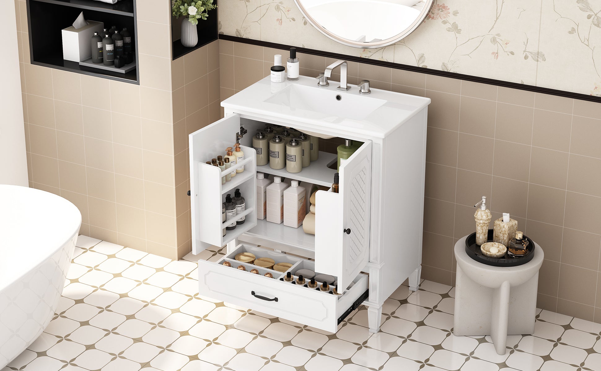 30" Bathroom Vanity With Sink Vintage Style, Multi Functional Storage Space, Door Shelf, Soft Closing Door, White White Acacia Wood,Ceramic Mdf