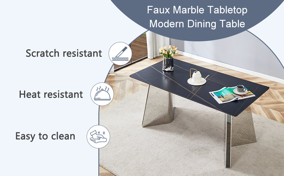 Table And Chair Set.63"X31.5X30" Black Marble Patterned Slabs Tabletop With Stainless Steel Butterfly Legs.Paried With 4 Dark Gray High Quality Pu Chairs With Silver Metal Legs. Dark Gray,Silver