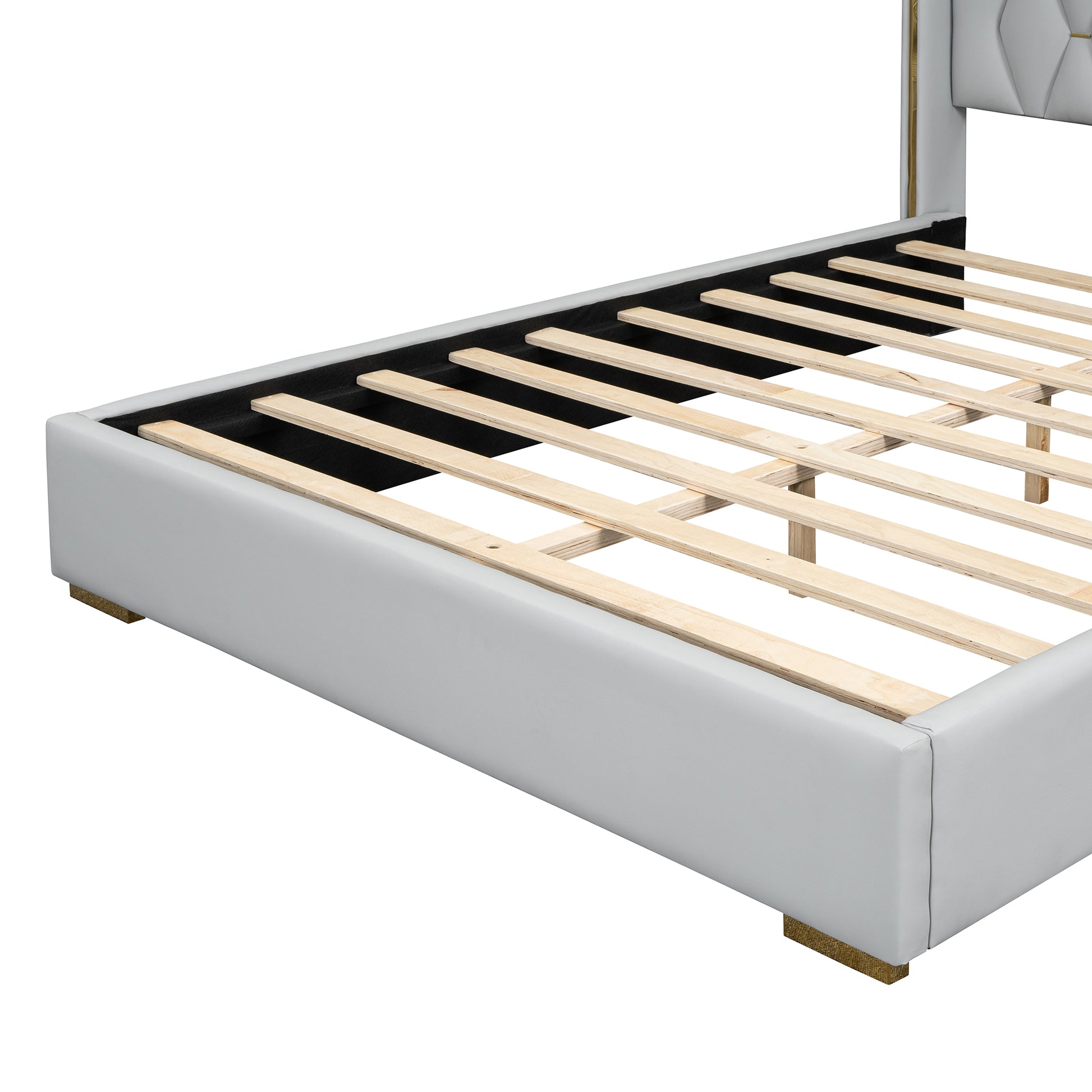 Full Size Upholstered Platform Bed With Metal Strips, Off White Full Off White Pu