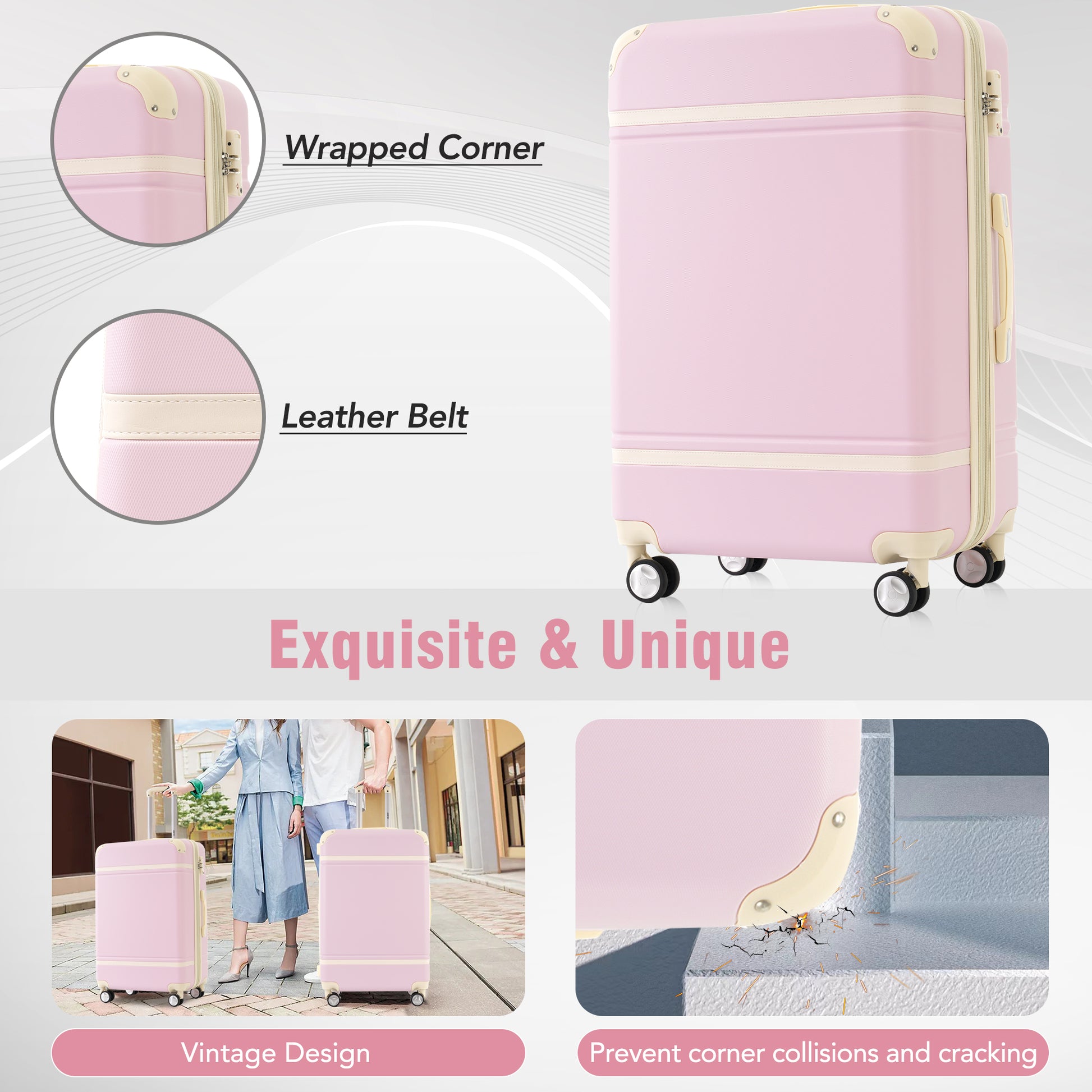 Hardshell Luggage Sets 3 Pieces 20" 24" Luggages And Cosmetic Case Spinner Suitcase With Tsa Lock Lightweight,Light Pink Light Pink Abs