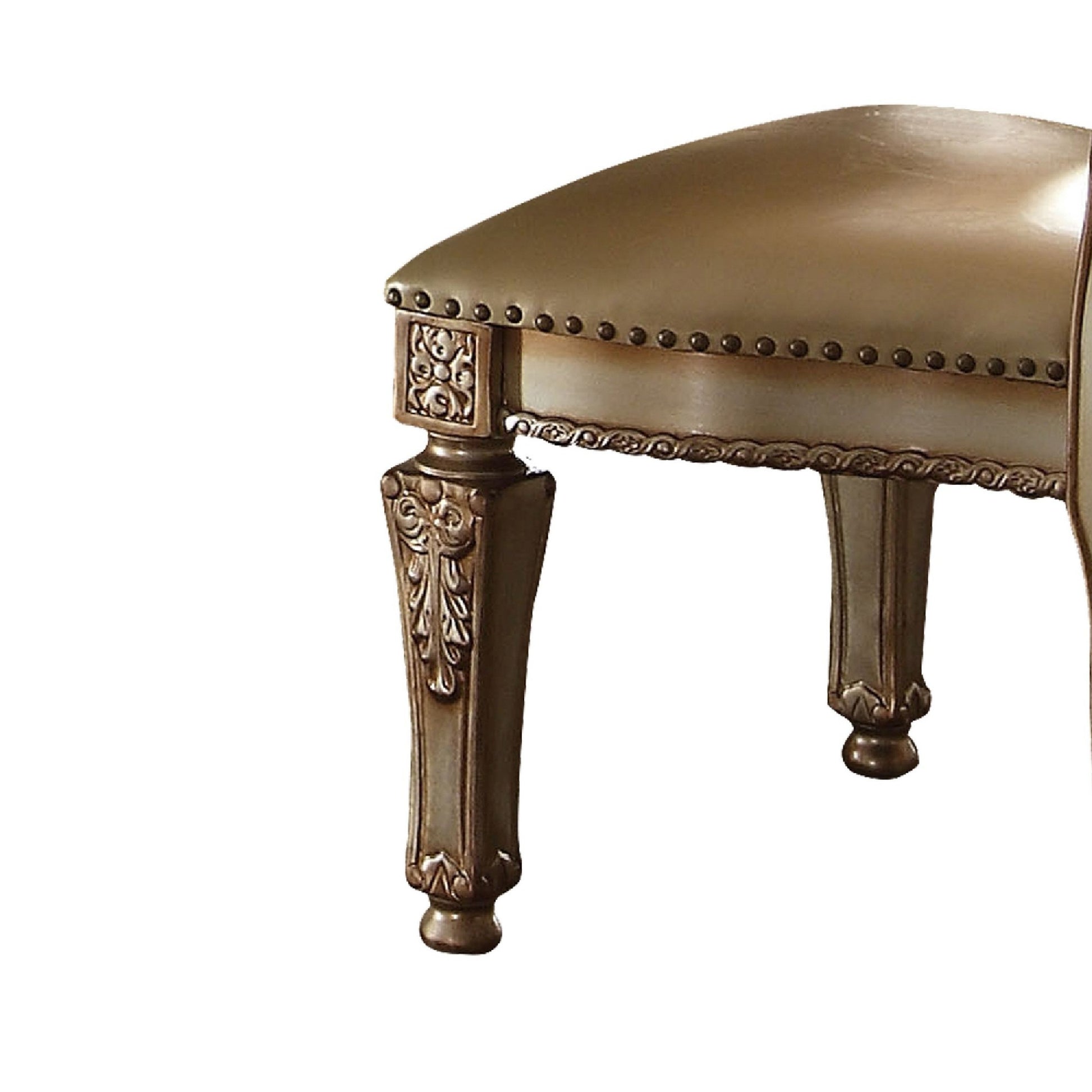 27 Inch Wood Dining Side Chair, Faux Leather, Set Of 2, Gold Gold Wood Fabric
