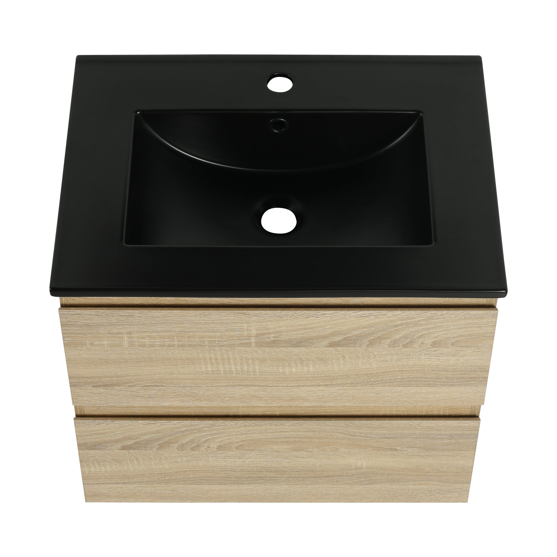 24" Wall Mounted Bathroom Vanity With Black Ceramic Sink, 2 Soft Close Drawers, Kd Package 2 Light Oak Bathroom Wall Mounted Modern Plywood