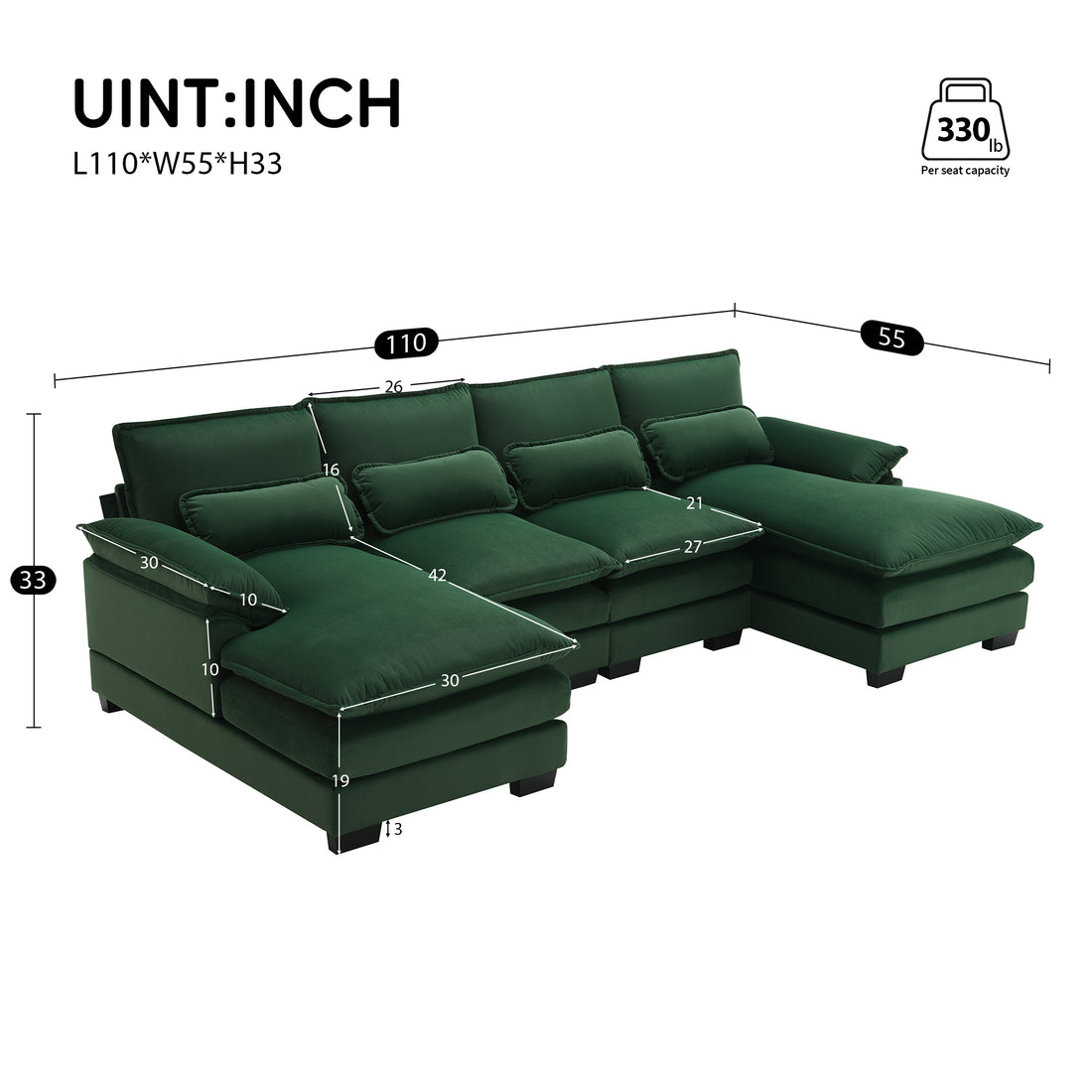 110*55" Modern U Shaped Sectional Sofa With Waist Pillows,6 Seat Upholstered Symmetrical Sofa Furniture,Sleeper Sofa Couch With Chaise Lounge For Living Room,Apartment,5 Color Green Velvet 6 Seat