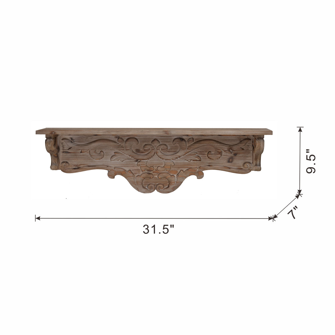 31.5X7X9.5" Timeless Fir Wood Floating Wall Shelf With Floral Motif Brown Wood