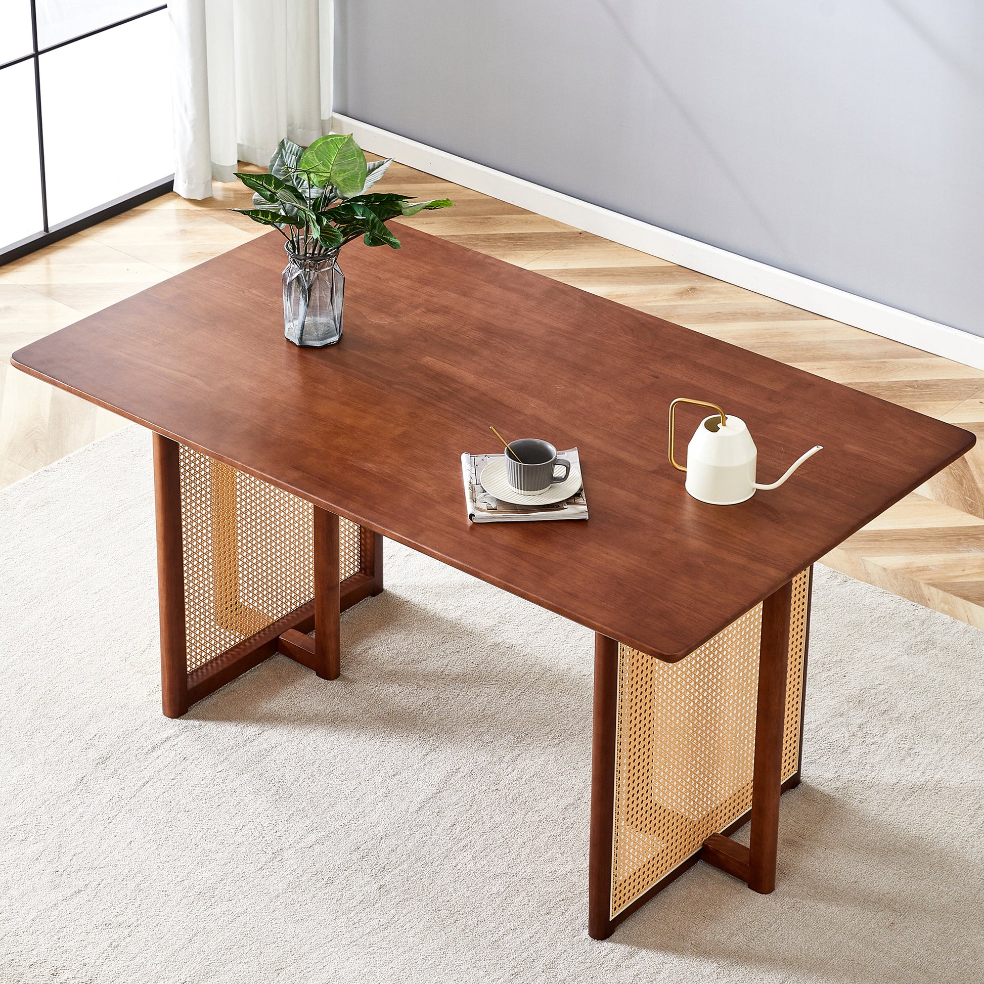 Chinese Country Retro Solid Wood Dining Table, Simple Modern Imitation Rattan Dining Table, Wooden Dining Table, Desk. Suitable For Dining Room, Living Room, Office Walnut Rubber Wood