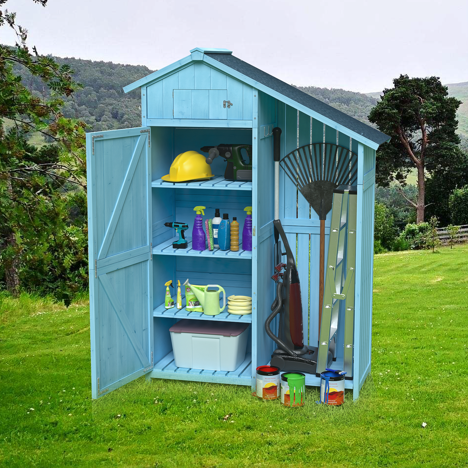 Outdoor 46.45 "X21.25"X70"H Wood Storage Shed, Garden Tool Cabinet With Waterproof Asphalt Roof, Multiple Tier Shelves, Tiffany Blue Tiffany Blue Metal & Wood