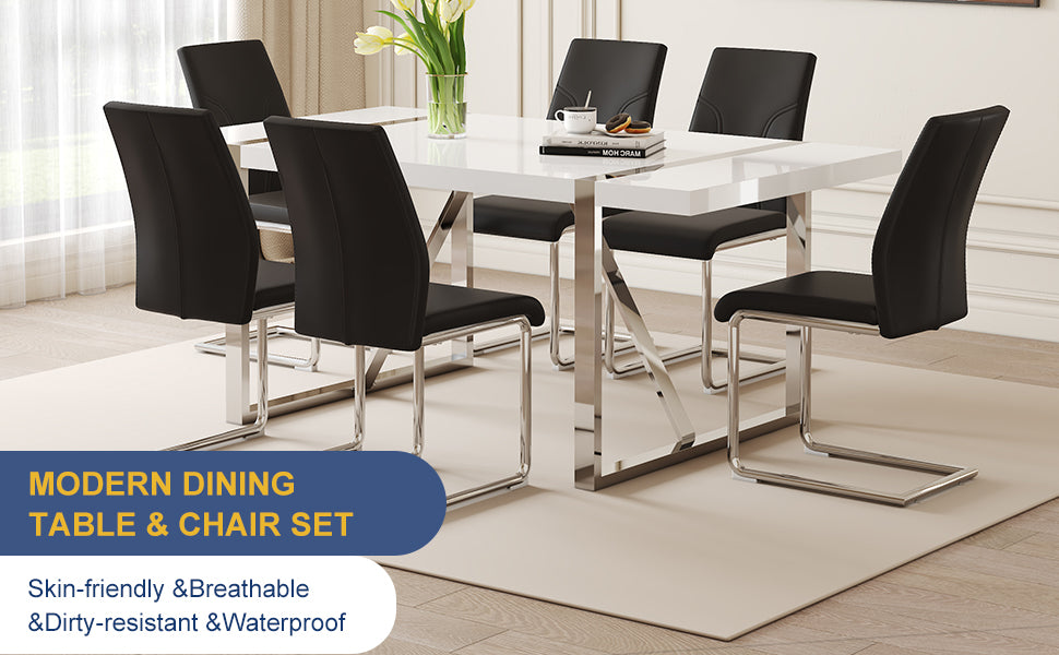 Table And Chair Set.71"X39.3" White Mdf Painting Dining Table Set With 6 Black Pu Chairs.Showcasing A Modern And Stylish Look.Suitable For Dining Room.Mdf Painting,Iron Pipe Plating,Pu Chiairs.