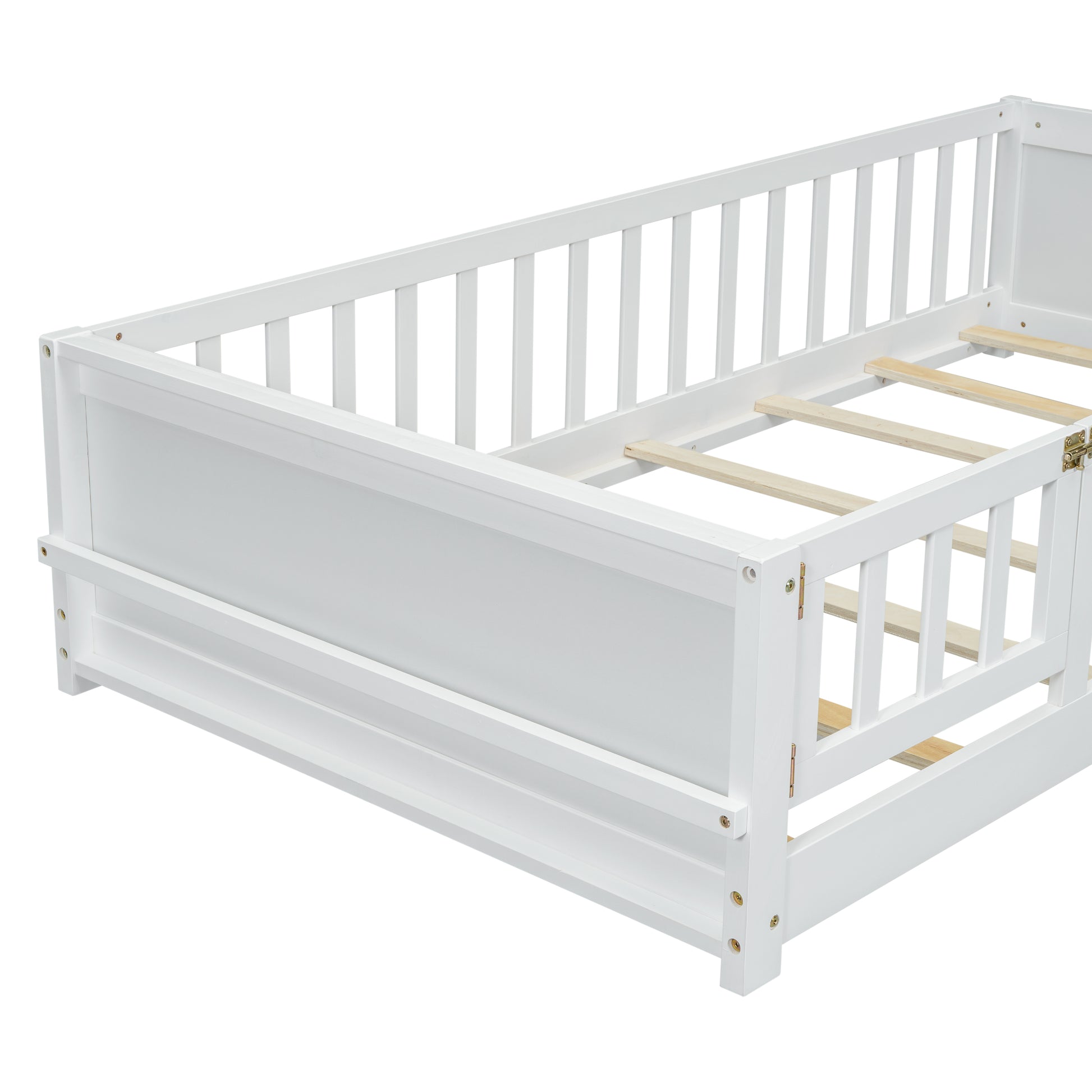 Twin Size Floor Platform Bed With Built In Book Storage Rack, Door,White Twin White American Design Pine