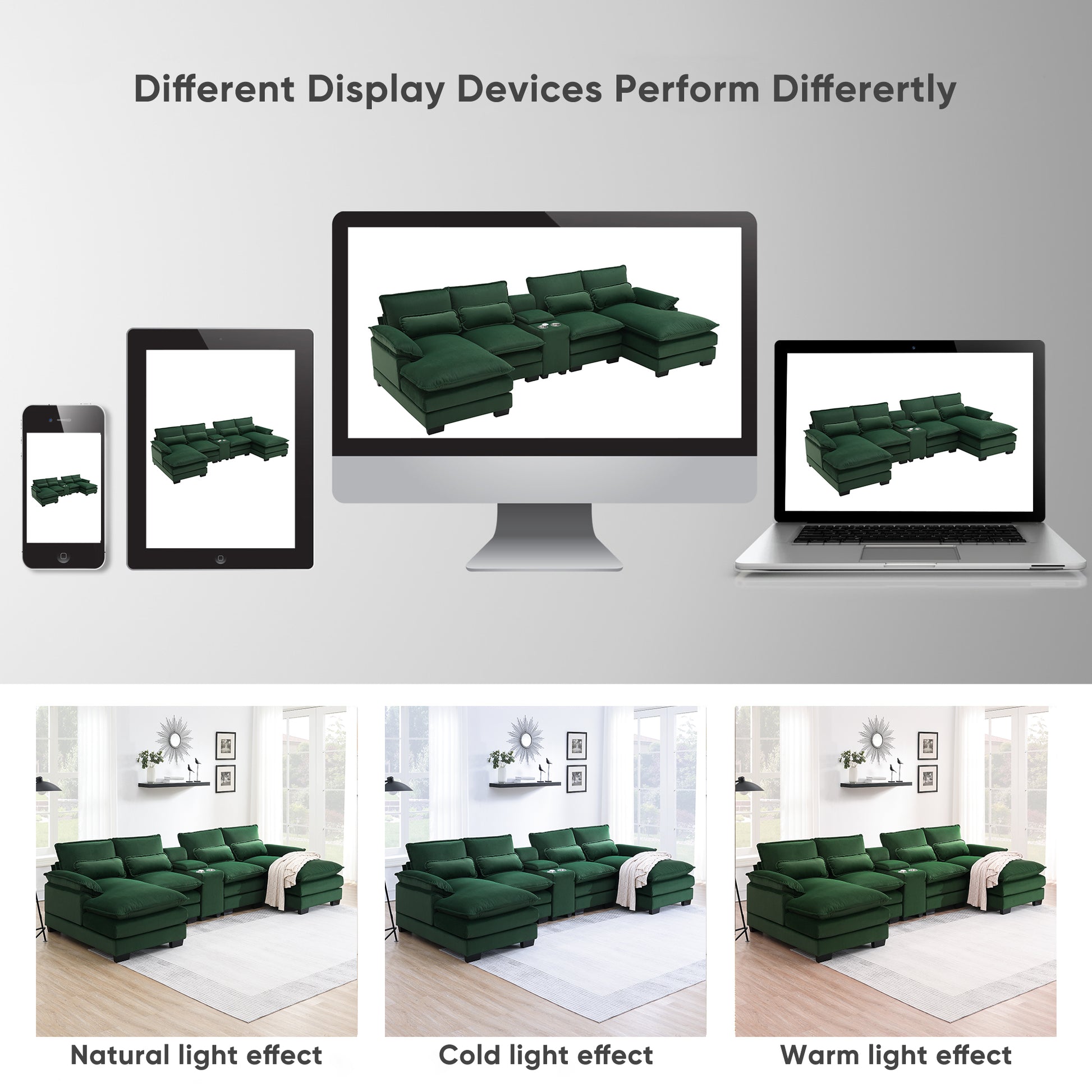 123*55" Modern U Shaped Sofa With Console,Cupholders And Usb Ports,6 Seat Upholstered Symmetrical Indoor Furniture,Sleeper Couch Set With Chaise For Living Room,Apartment,5 Colors Green Velvet 6 Seat