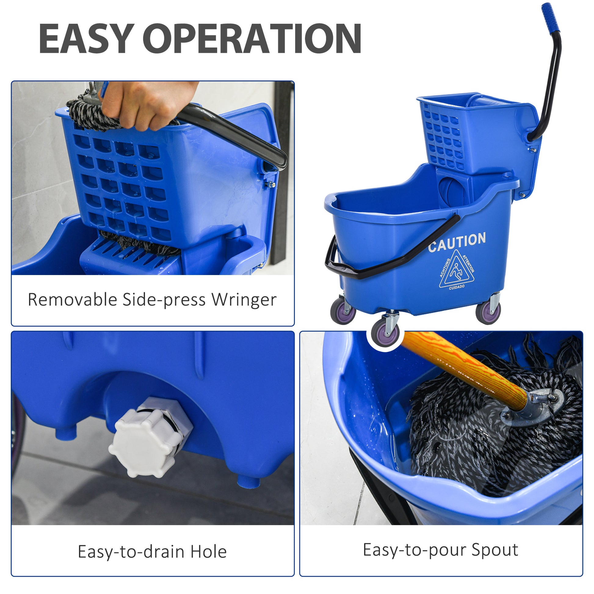 Homcom Mop Bucket Cart With Side Press Wringer, Metal Handle And 34 Quart Capacity, Blue Blue Plastic
