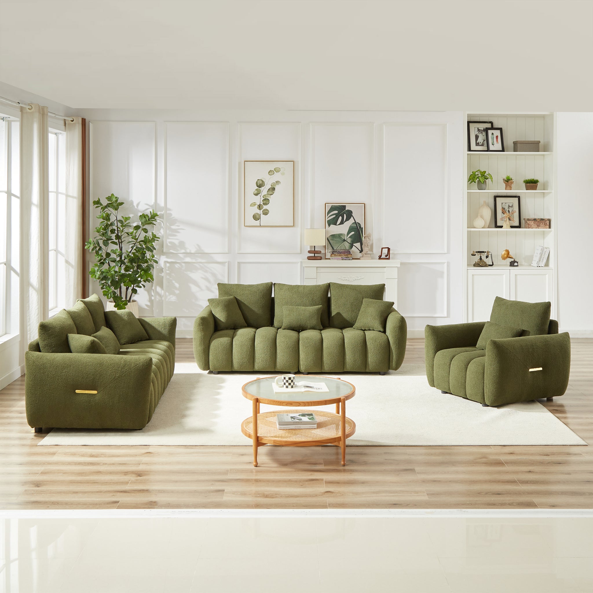 1 Seater 3 Seater 3 Seater, Combo Sofa Modern Living Room Sofa, Teddy Sofa, Wooden Frame, 7 Cushions, Apartment Sofa Furniture Green Wood Primary Living Space Pine Foam Fabric 7 Seat