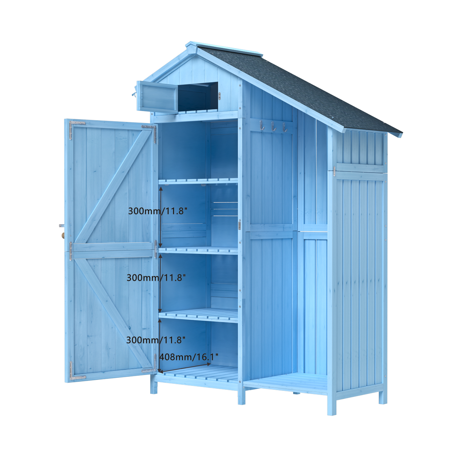 Outdoor 46.45 "X21.25"X70"H Wood Storage Shed, Garden Tool Cabinet With Waterproof Asphalt Roof, Multiple Tier Shelves, Tiffany Blue Tiffany Blue Metal & Wood