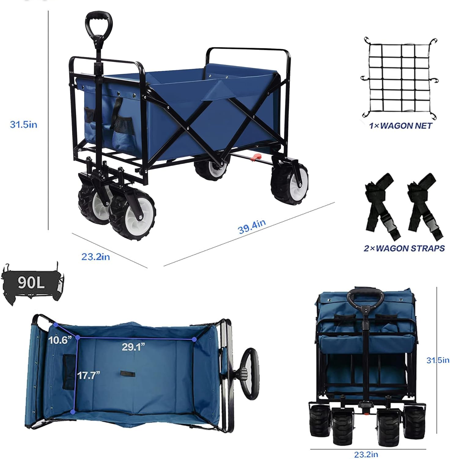Collapsible Heavy Duty Beach Wagon Cart Outdoor Folding Utility Camping Garden Beach Cart With Universal Wheels Adjustable Handle Shopping Blue Garden & Outdoor Abs Rubber Steel Q235