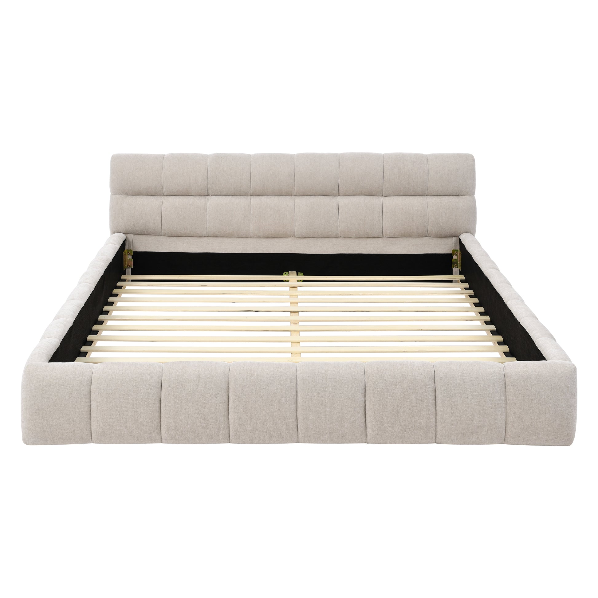 Queen Size Upholstered Bed Frame With Thick Fabric, Chenille Fabric Grounded Queen Size Platform Bed With Headboard And Solid Frame. No Box Spring Needed, Beige 68''*86.5''*23.5'' Box Spring Not