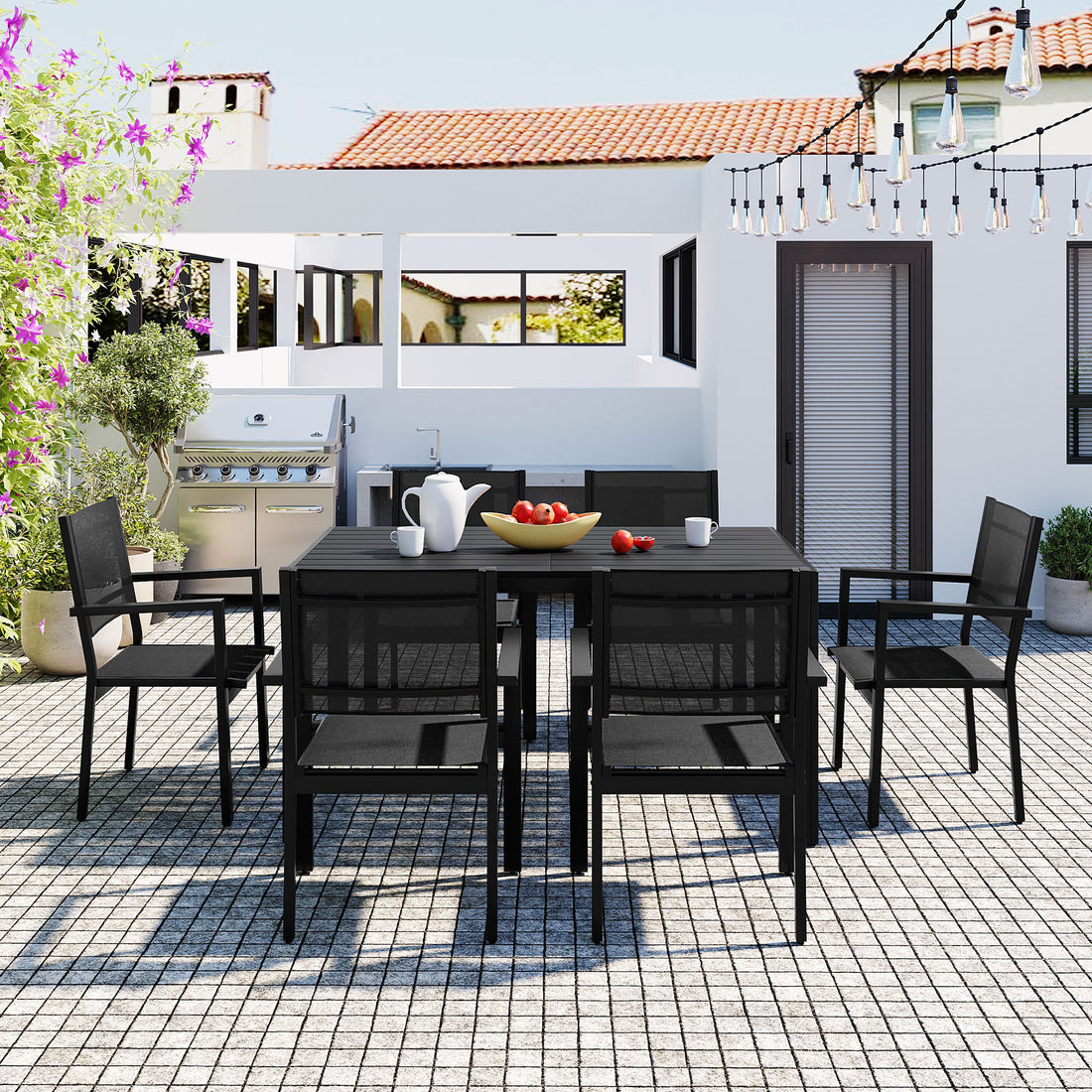 High Quality Steel Outdoor Table And Chair Set, Suitable For Patio, Balcony, Backyard. Black Seats 6 Steel