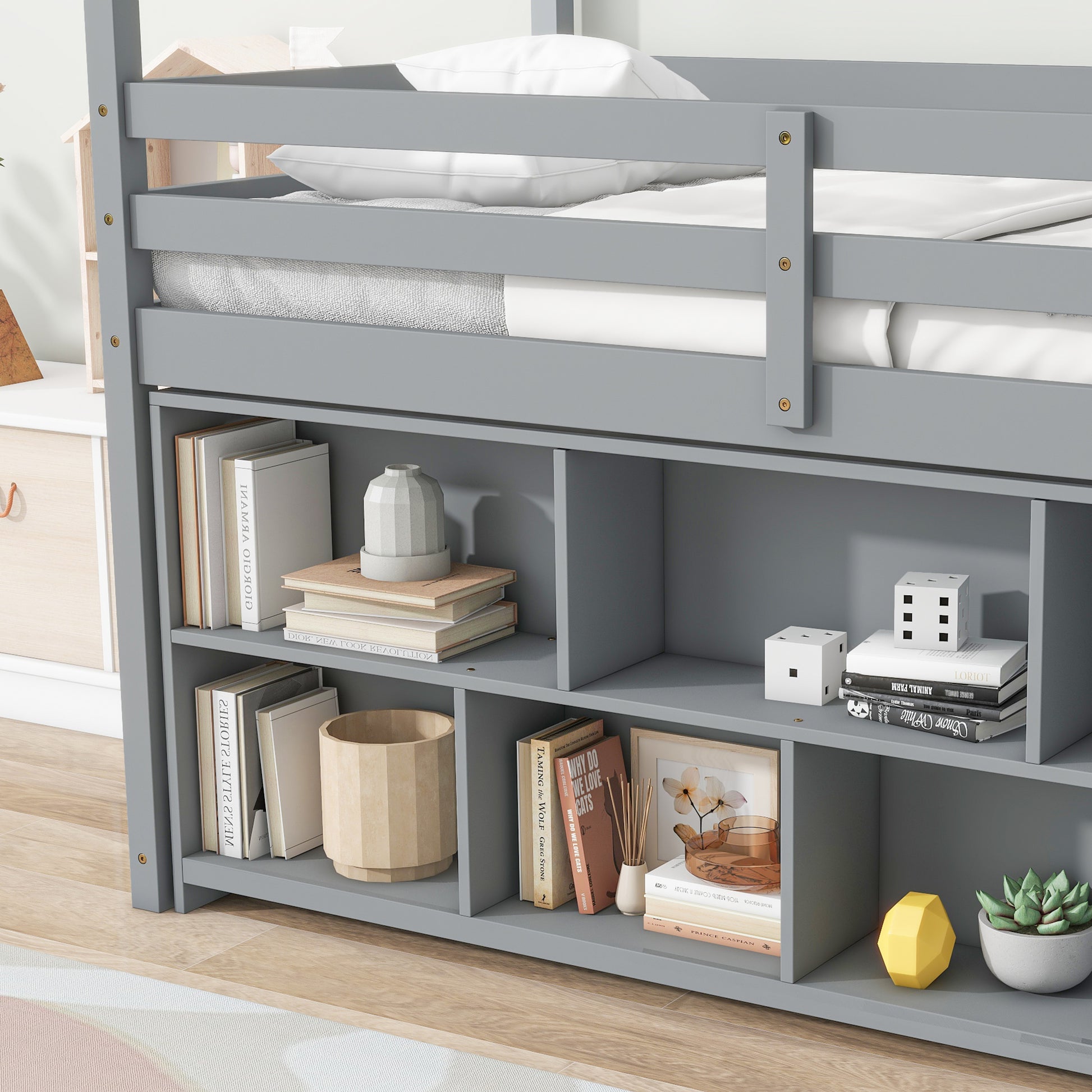 Twin House Loft Bed With Roof Frame, Under Bed Shelving Storage Unit, Guardrails, Ladder,Grey Twin Gray Bedroom American Design Pine Pine