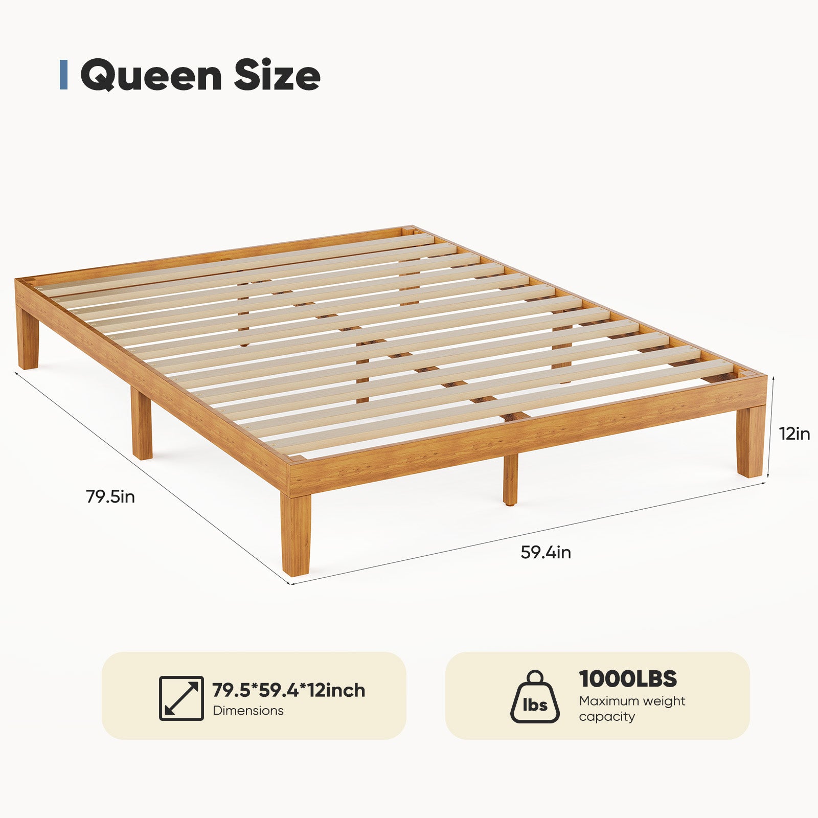 Queen Size Wood Bed Frame, No Spring Needed, 12In Wooden Platform Bed Frame Mattress Foundation With Support Slats, Natural Pine Wood Wood