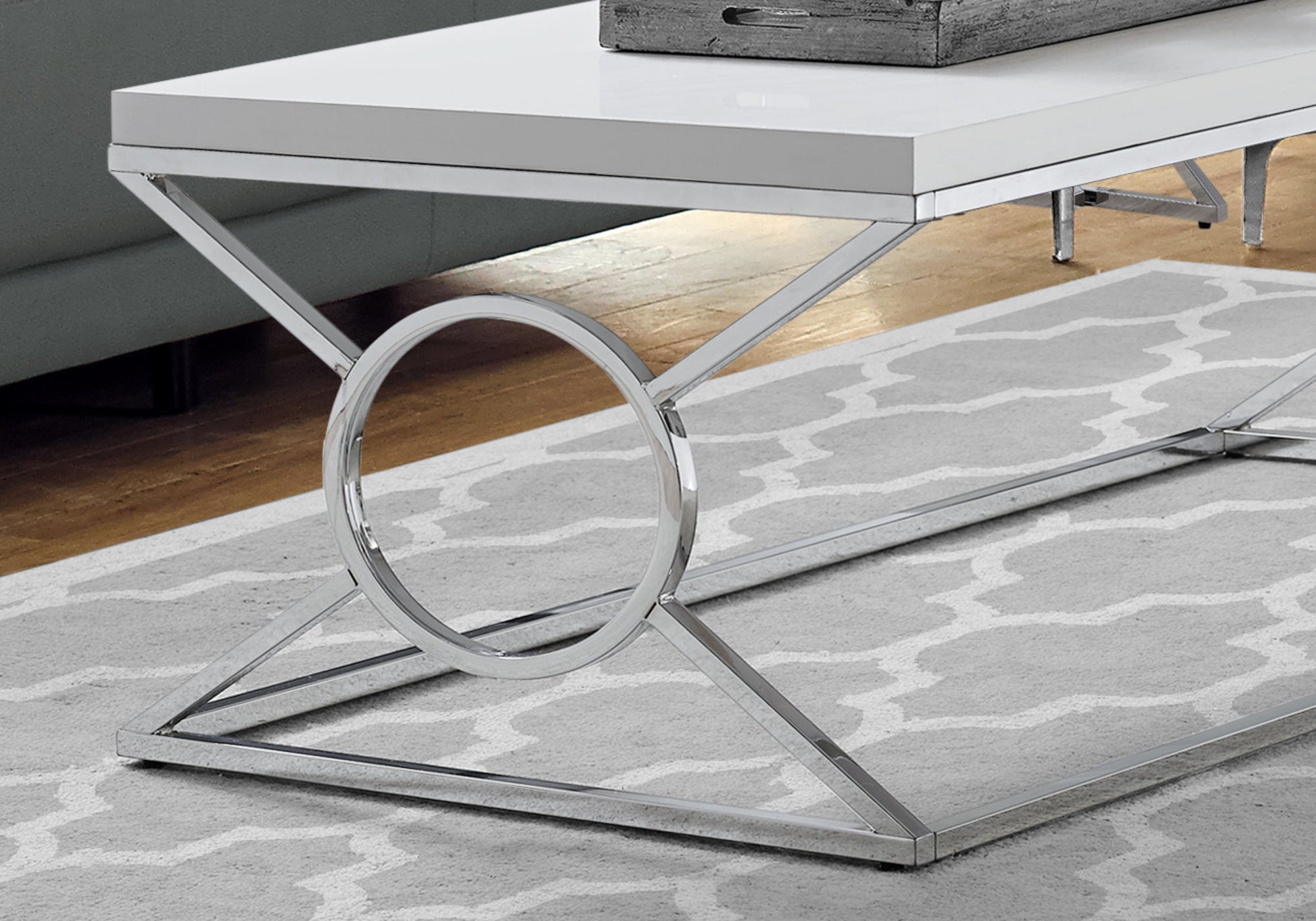 Coffee Table, Accent, Cocktail, Rectangular, Living Room, 44"L, Glossy White Laminate, Chrome Metal, Contemporary, Modern White Metal