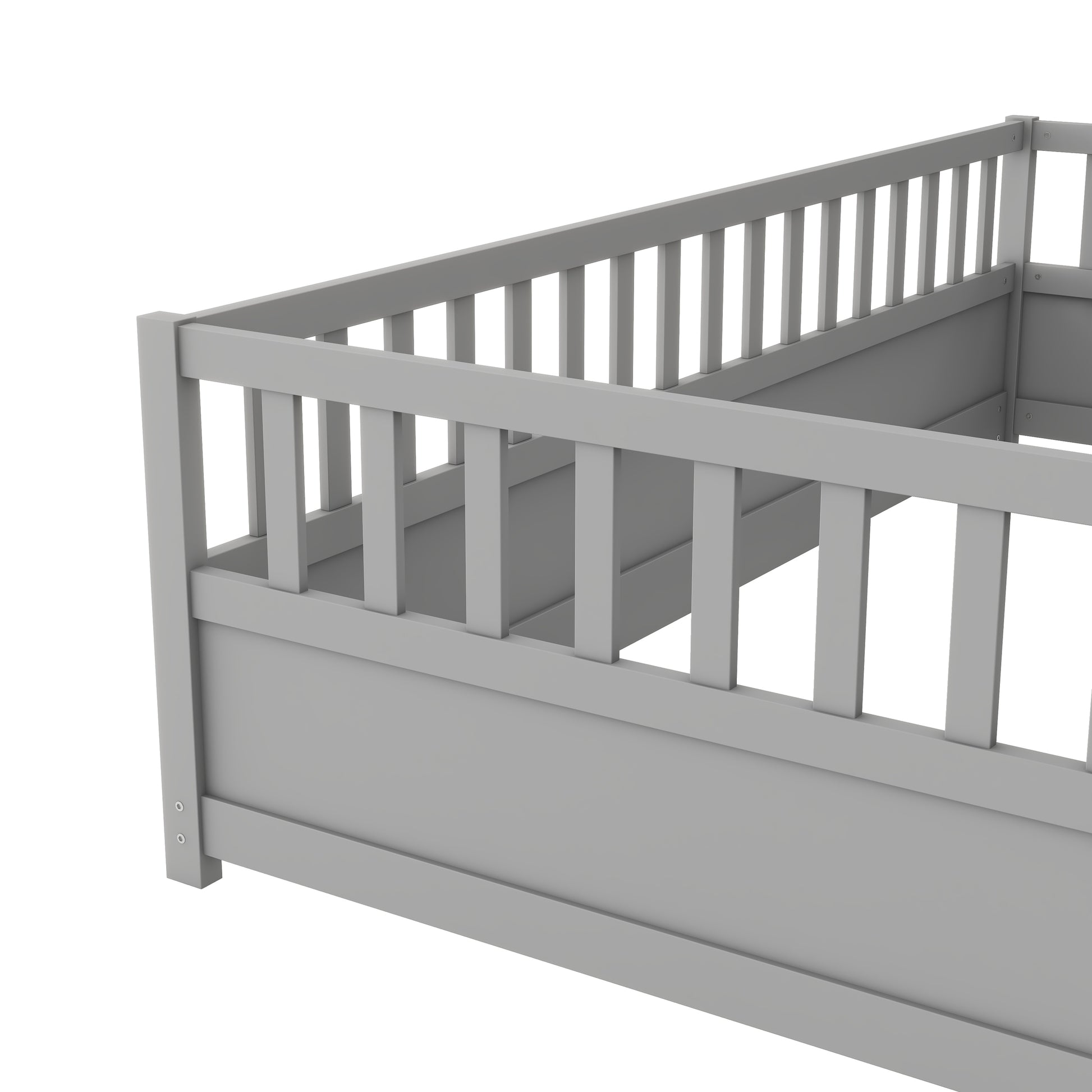 Twin Size Floor Bed, Integral Construction With Super High Security Barrier, Door, Children'S Floor Bed Frame, Montessori Wooden Children'S Floor Bed, Grey Box Spring Required Twin Grey Wood Brown