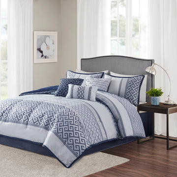 7 Piece Jacquard Comforter Set Navy King King Navy Polyester