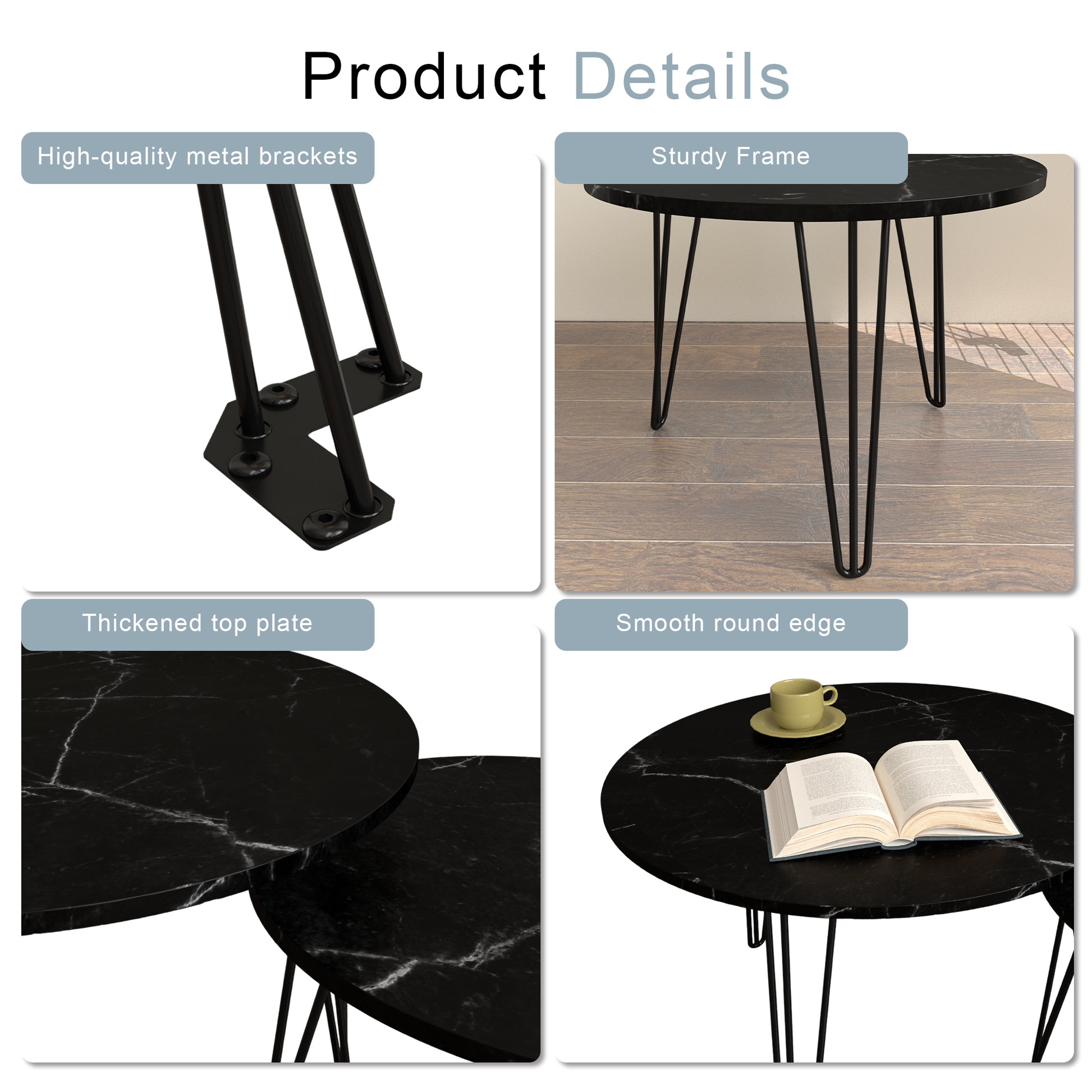 27.56'' Round Nesting Coffee Table Set Of 2, Circular Nesting End Table Set, Round Marble Tabletop, And Sturdy Metal Base For Living Room, Bedroom, Black Black Round Wood Metal