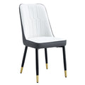 Table And Chair Set.The Table Has A Glass Top With Imitation Marble Pattern Stickers And Stainless Steel Golden Legs. Paried With Chairs With Pu Artificial Leather Backrest Cushions And Black Legs. White Gold Seats 6 Glass Metal