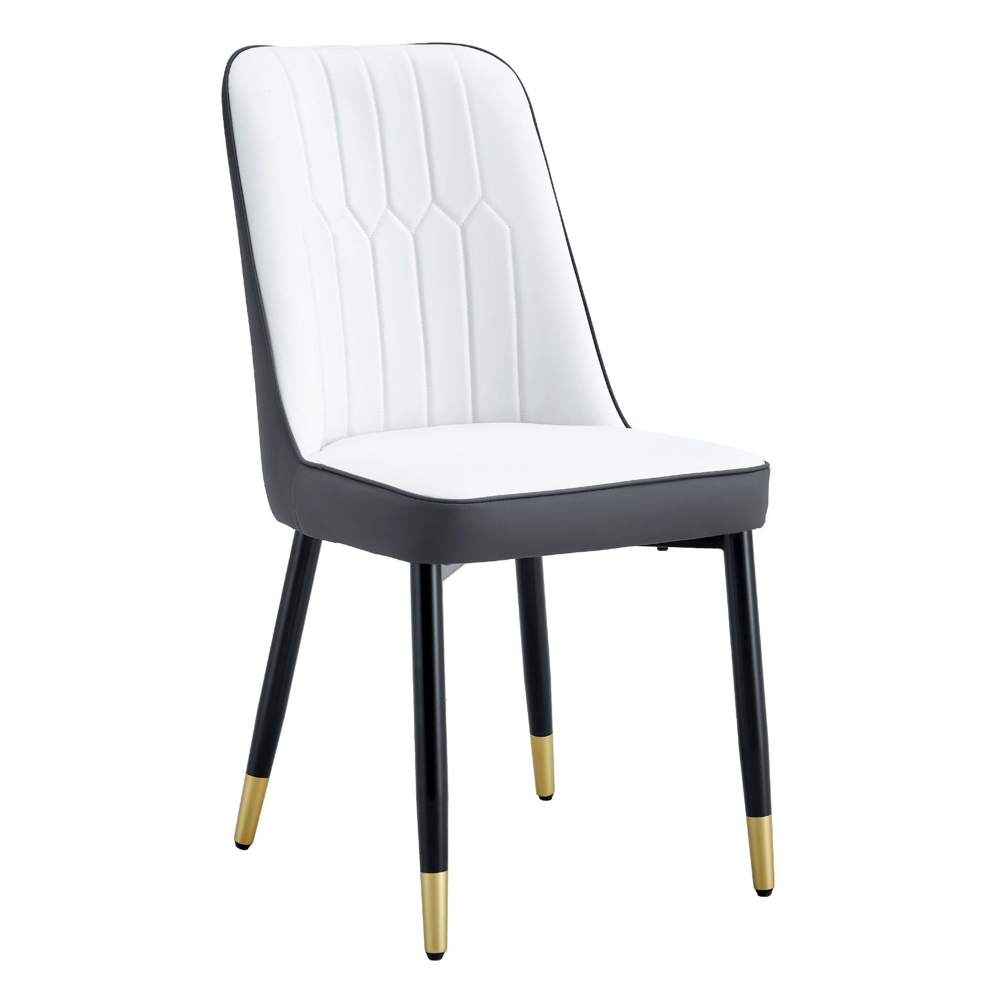 Table And Chair Set.The Table Has A Glass Top With Imitation Marble Pattern Stickers And Stainless Steel Golden Legs. Paried With Chairs With Pu Artificial Leather Backrest Cushions And Black Legs. White Gold Seats 6 Glass Metal