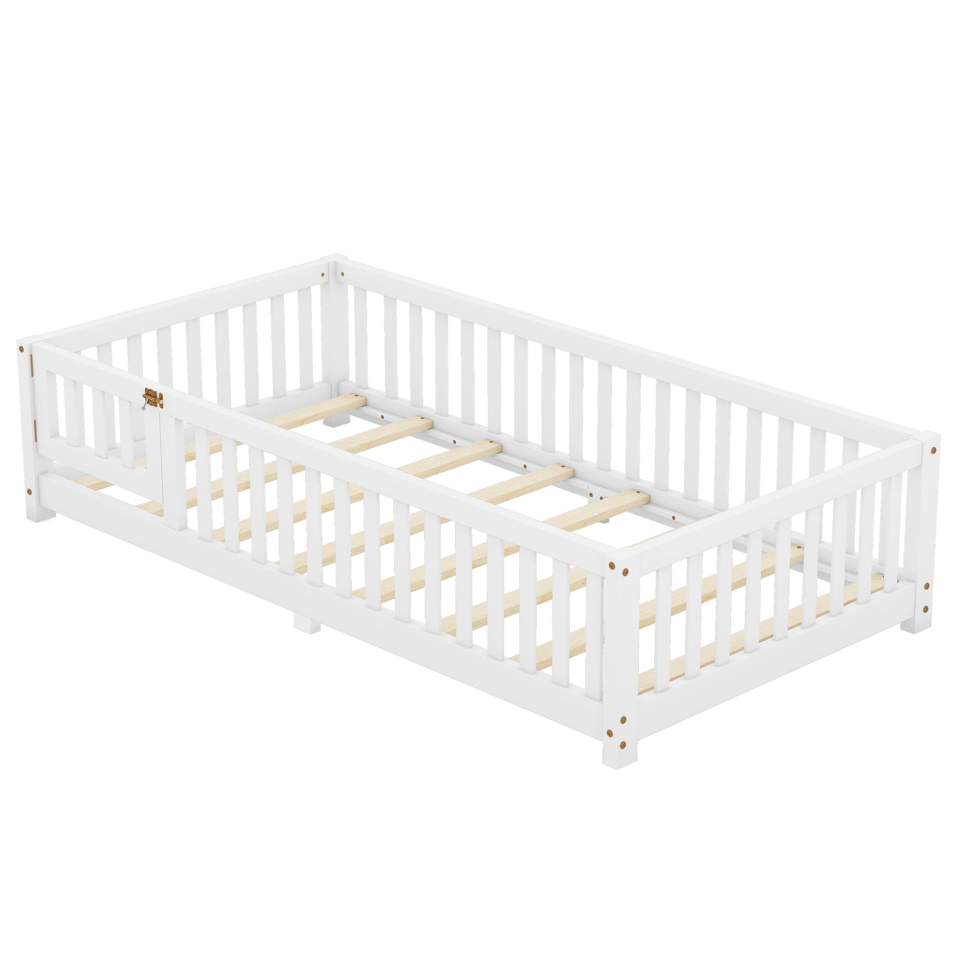 Twin Size Bed Floor Bed With Safety Guardrails And Door For Kids, White Old Sku:W158090683 Twin White Pine